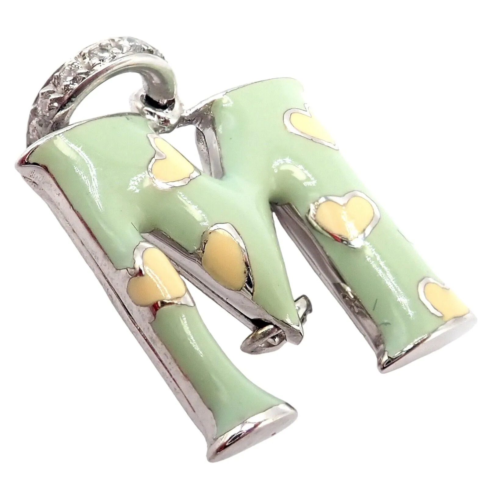 Aaron Basha 18k White Gold Diamond Green Enamel Baby M Initial Charm Pendant