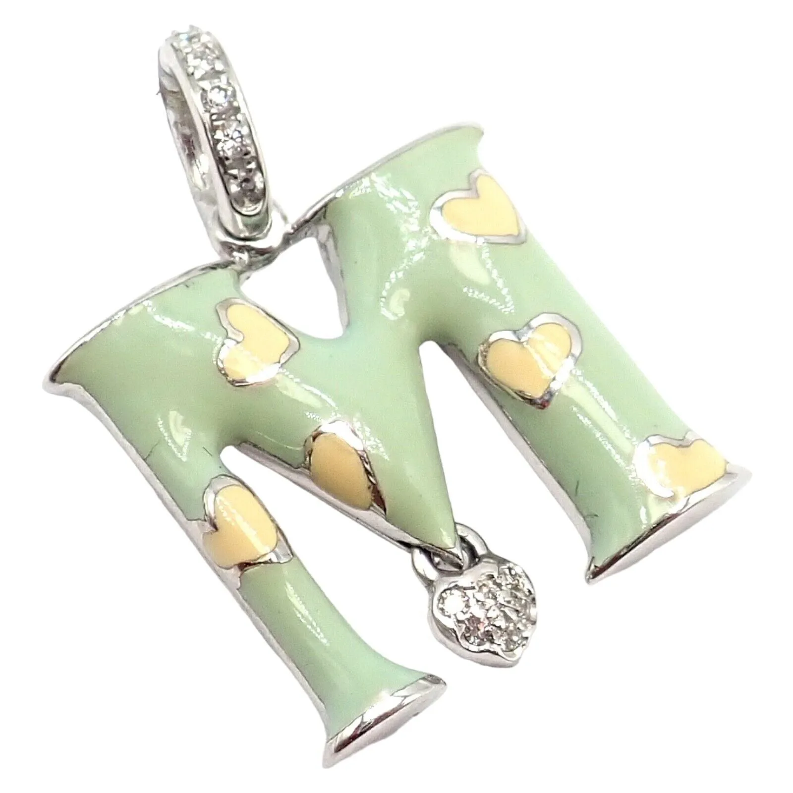 Aaron Basha 18k White Gold Diamond Green Enamel Baby M Initial Charm Pendant
