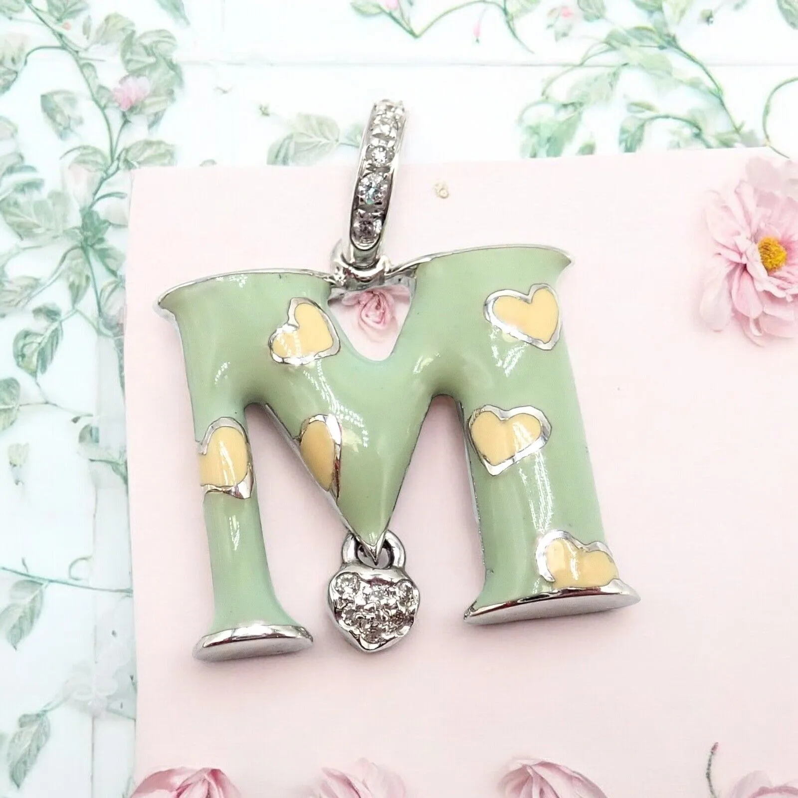 Aaron Basha 18k White Gold Diamond Green Enamel Baby M Initial Charm Pendant