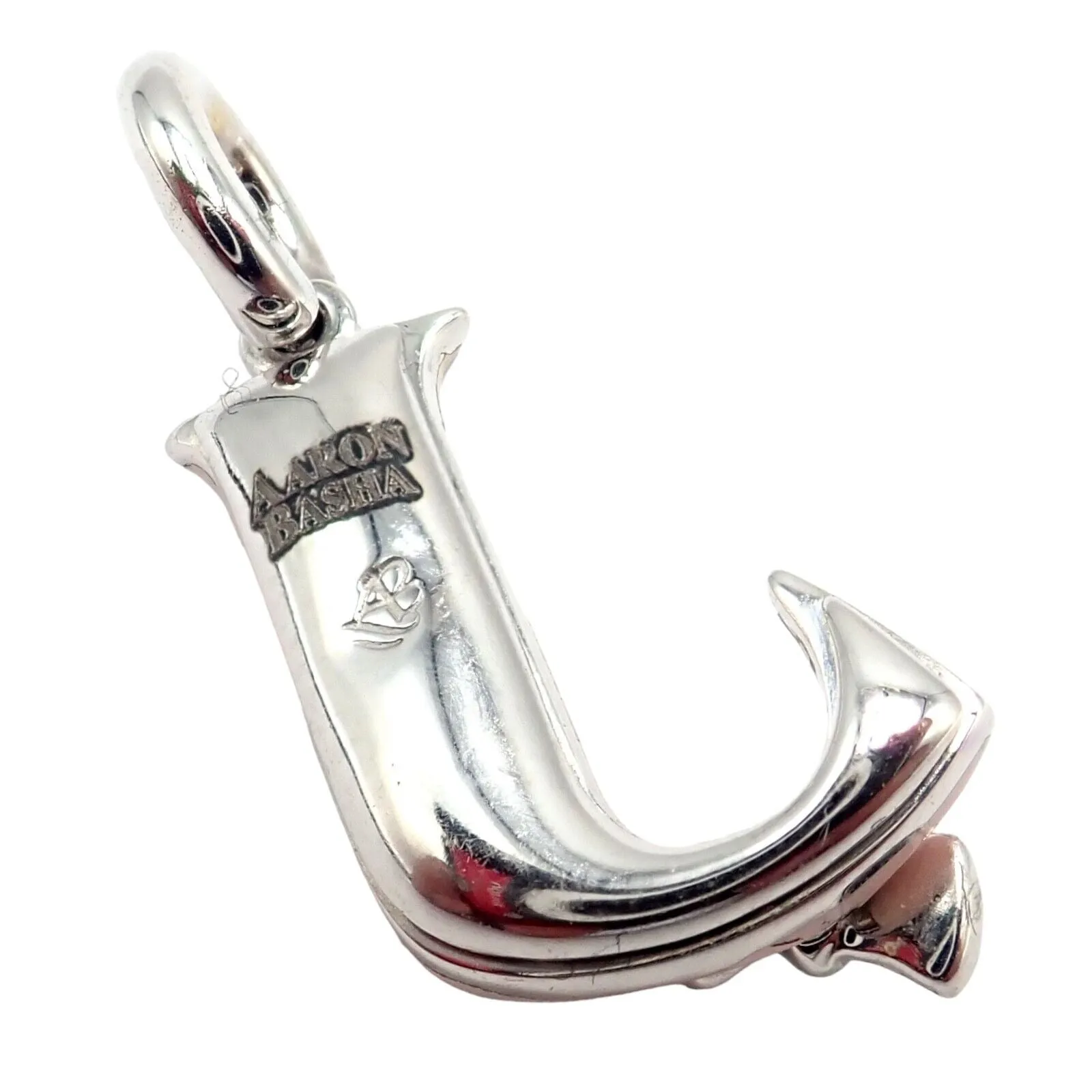 Aaron Basha 18k White Gold Diamond Pink Enamel Baby J Initial Charm Pendant