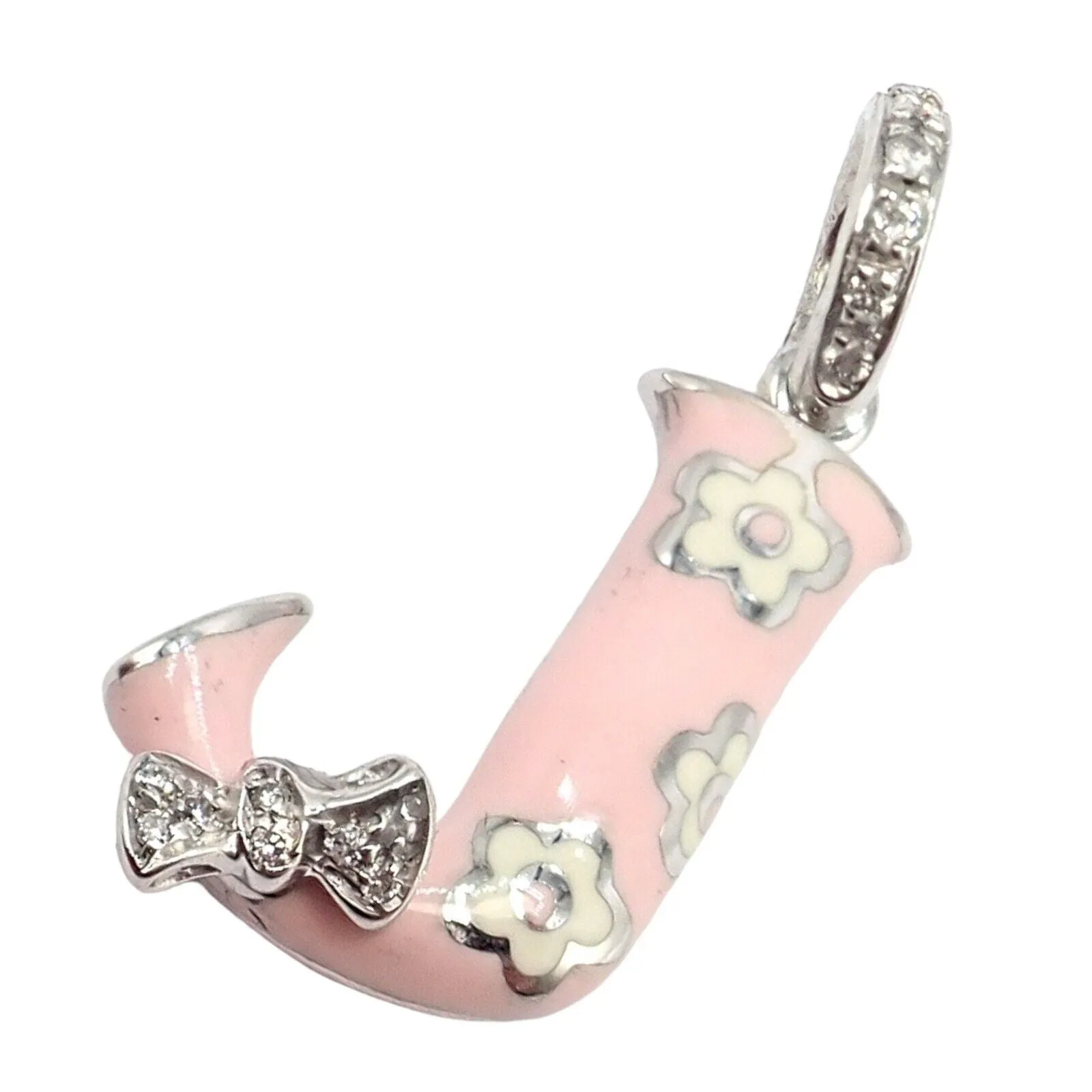 Aaron Basha 18k White Gold Diamond Pink Enamel Baby J Initial Charm Pendant