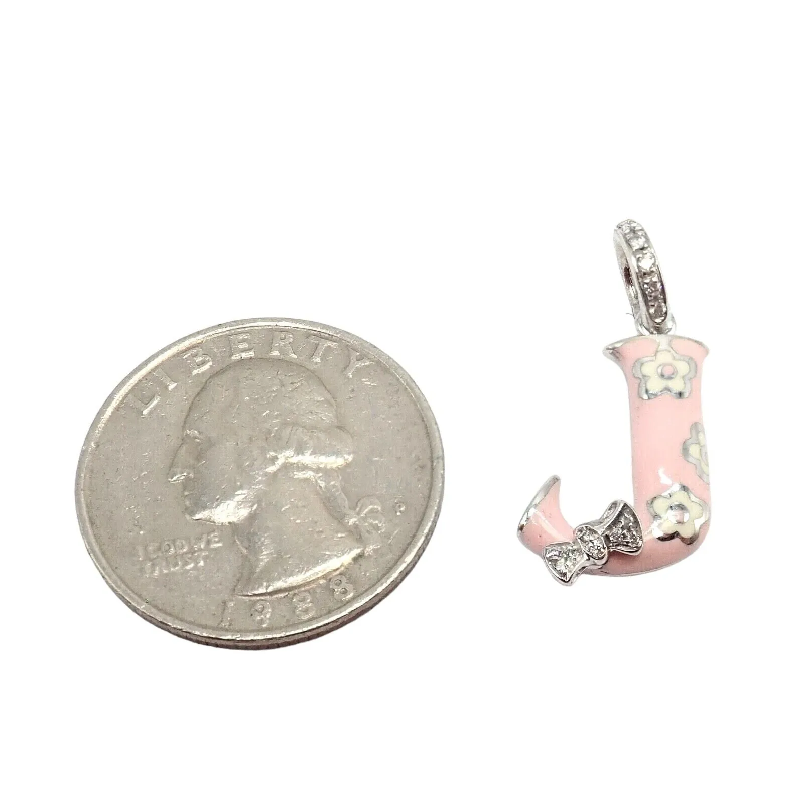 Aaron Basha 18k White Gold Diamond Pink Enamel Baby J Initial Charm Pendant