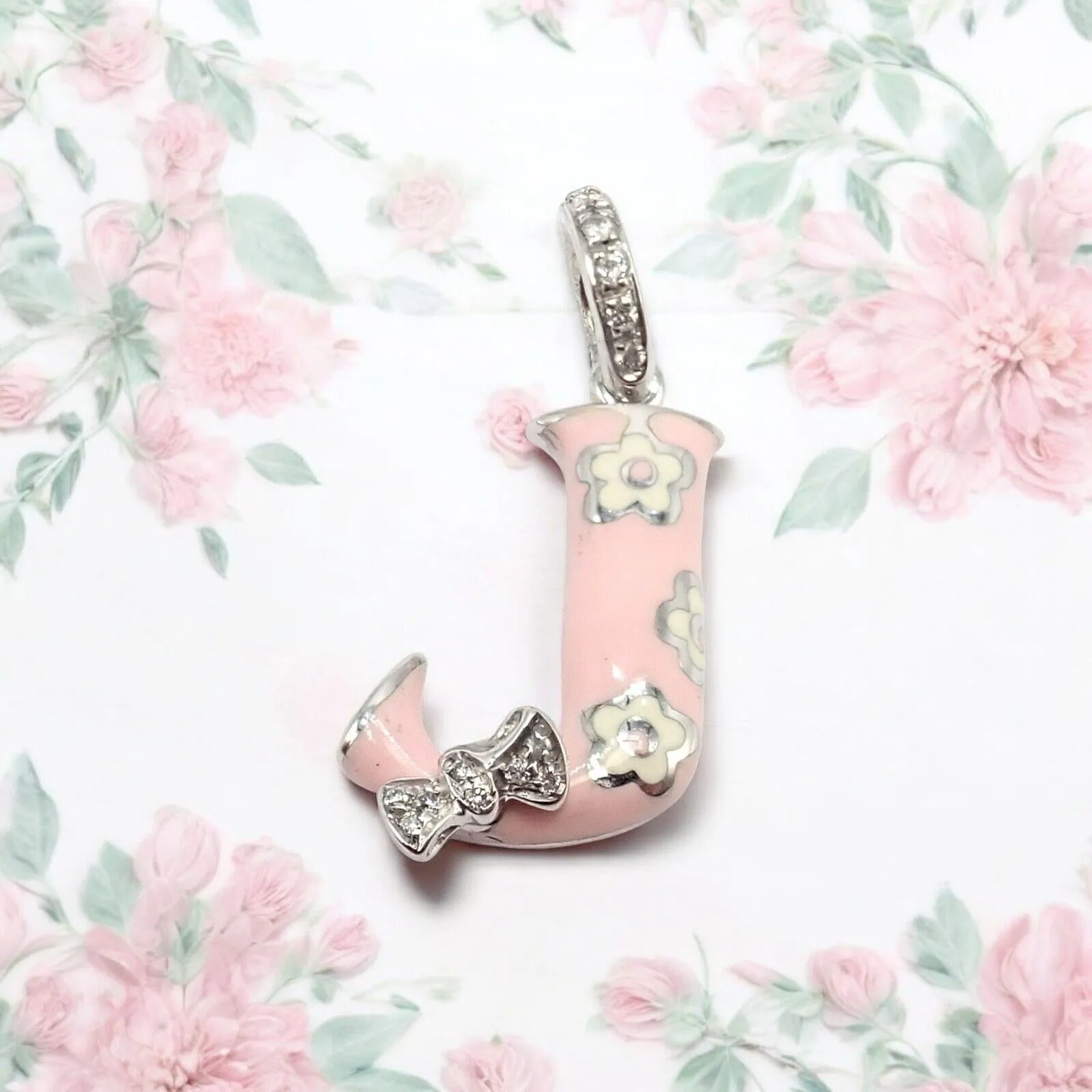 Aaron Basha 18k White Gold Diamond Pink Enamel Baby J Initial Charm Pendant