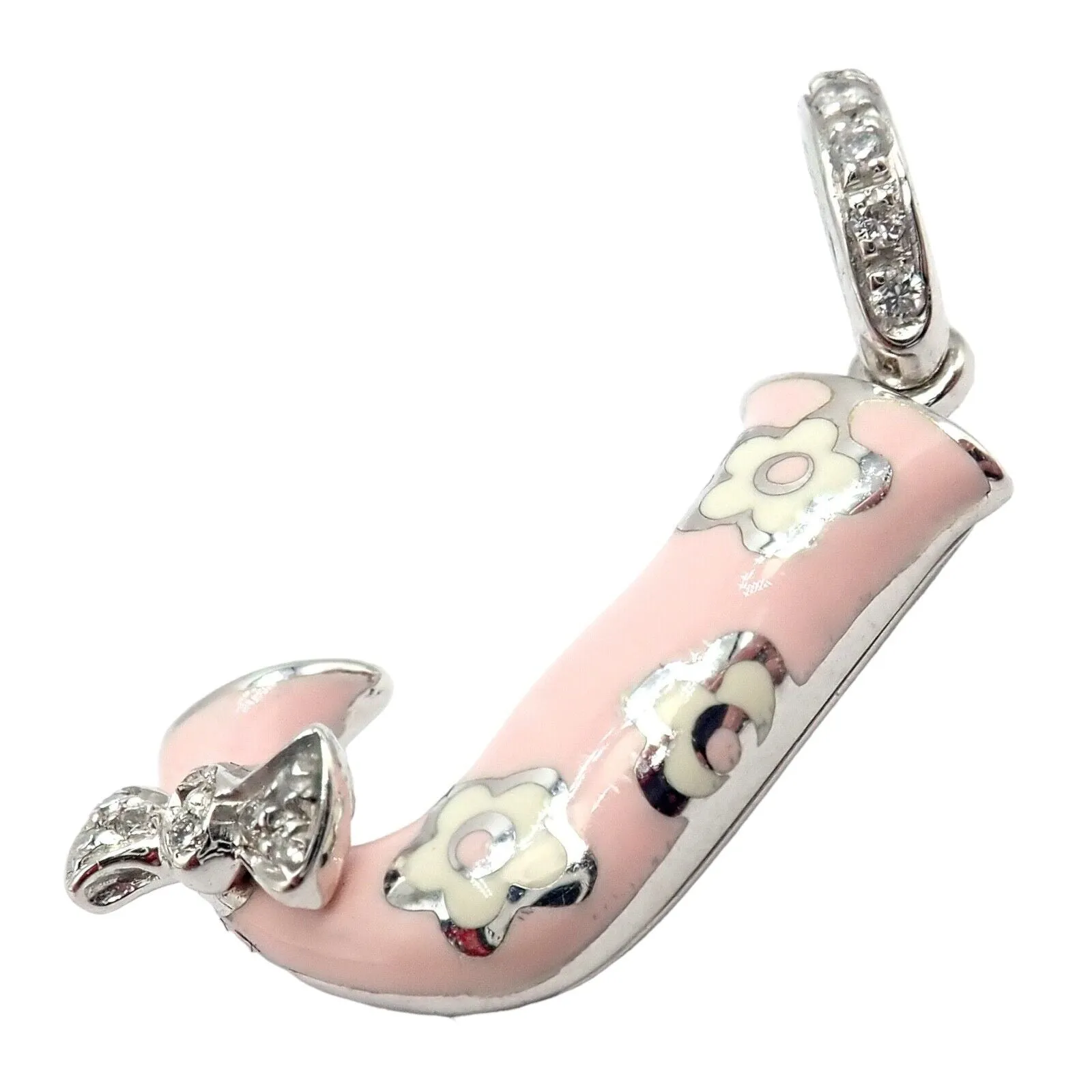 Aaron Basha 18k White Gold Diamond Pink Enamel Baby J Initial Charm Pendant