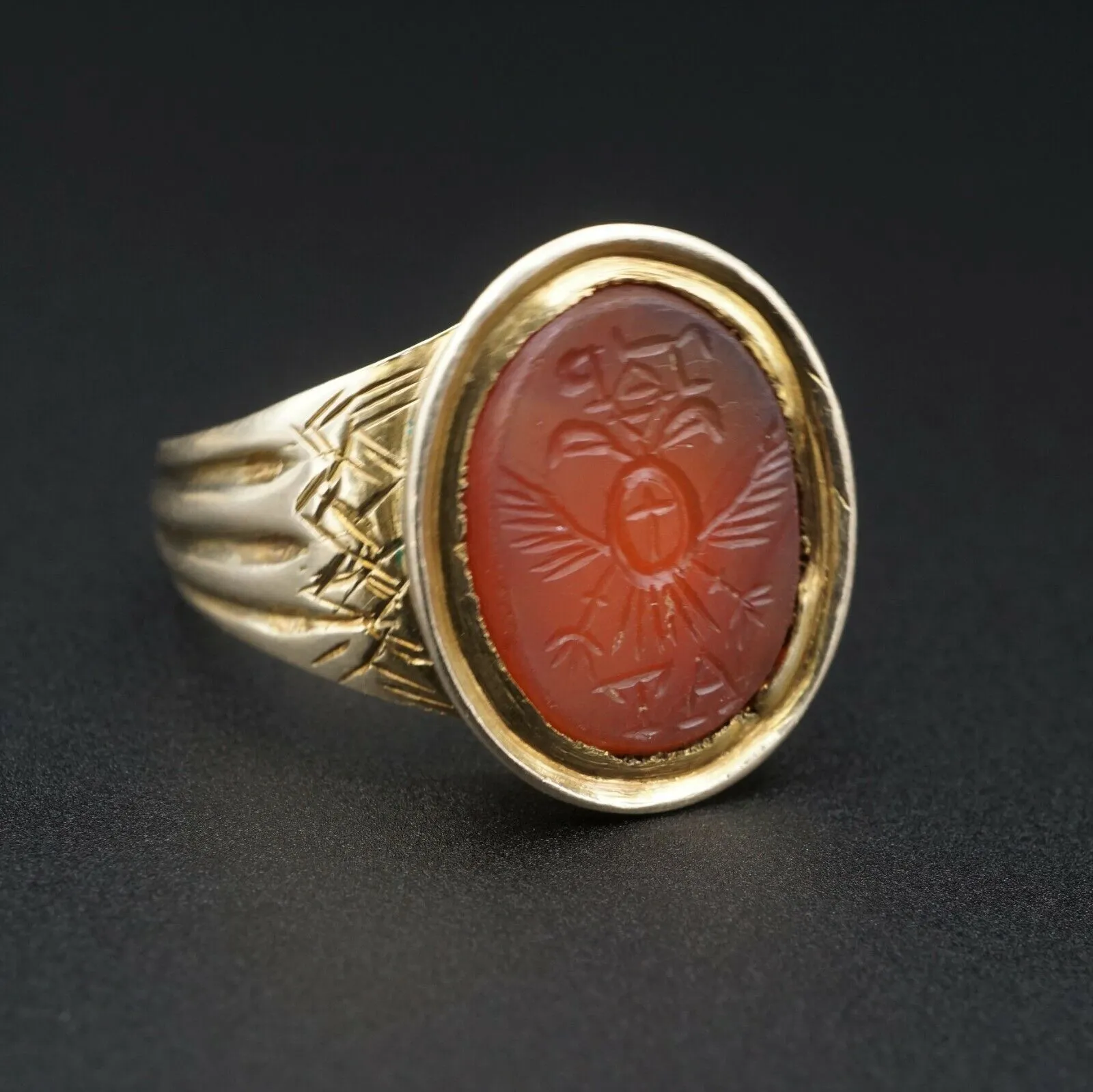 Antique 10K Gold Carved Carnelian Intaglio Double Eagle Ring Size 12.5 RG3204