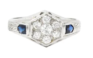 Art Deco 0.45 CTW Old European Sapphire 20 Karat White Gold Foliate Cluster Unisex Signet Ring