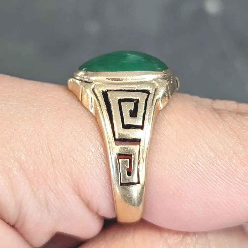 Art Deco Natural Jade 14 Karat Yellow Gold Greek Key Antique Signet Ring GIA