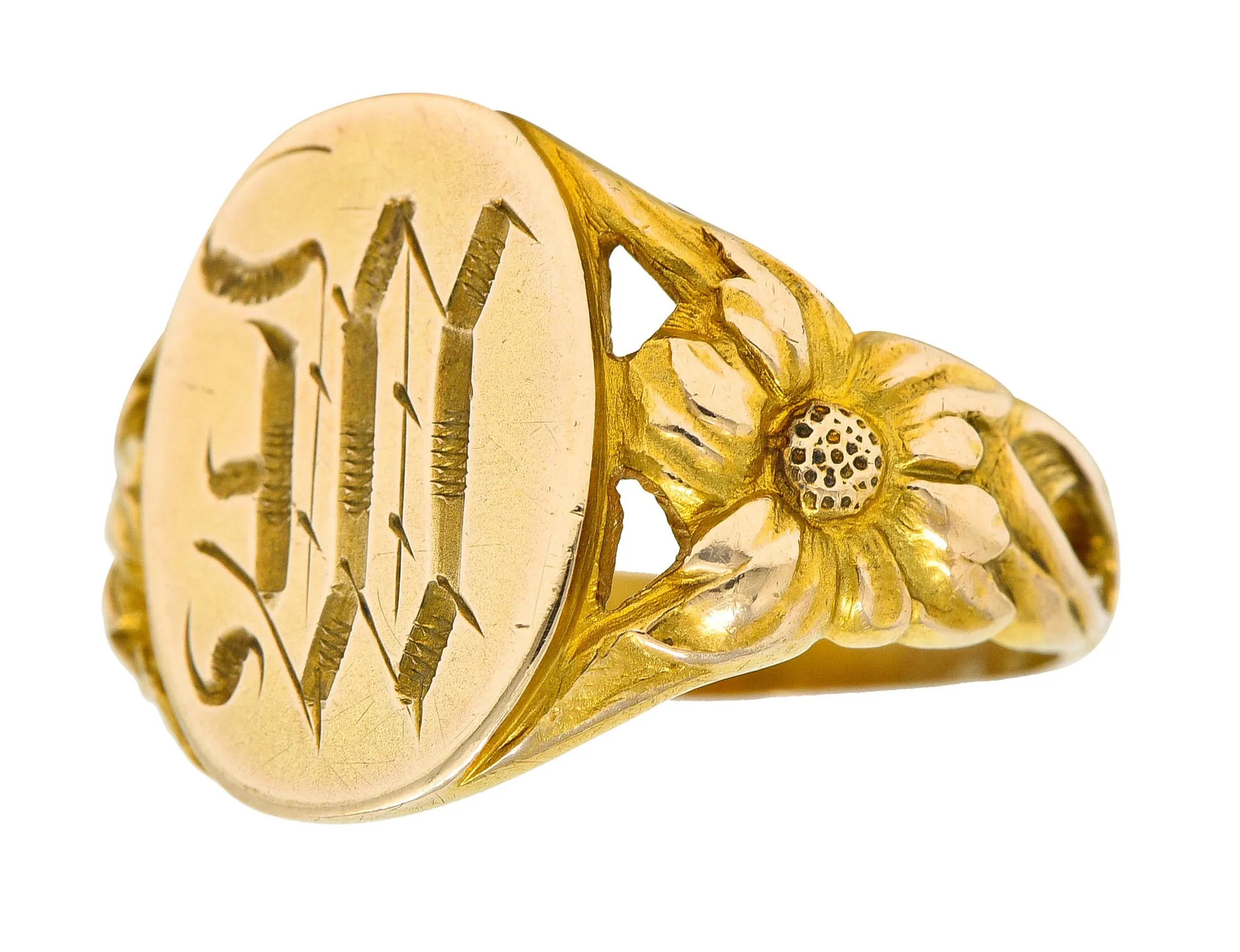 Art Nouveau 14 Karat Gold Floral Monogram Unisex Signet Ring
