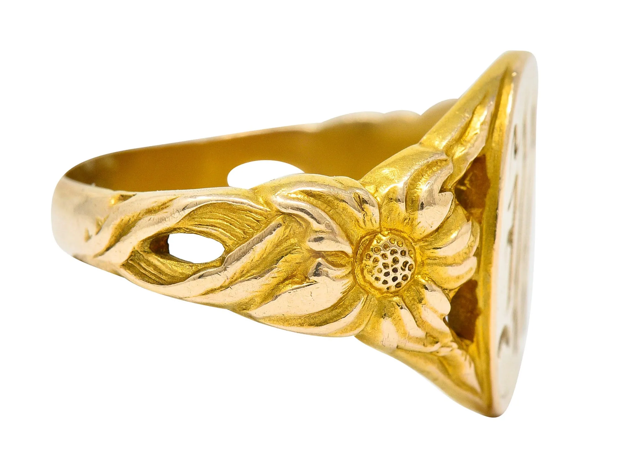 Art Nouveau 14 Karat Gold Floral Monogram Unisex Signet Ring