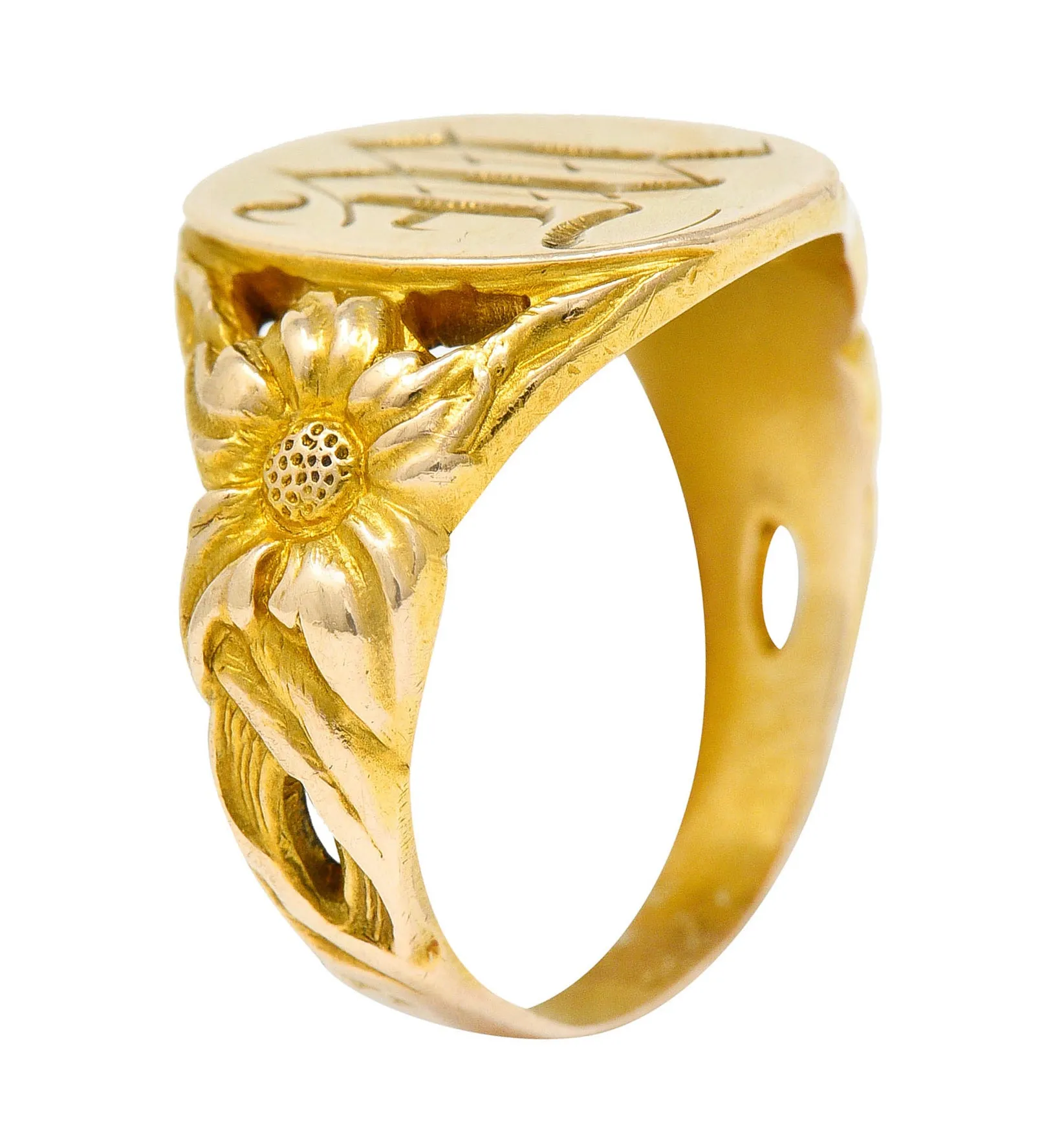 Art Nouveau 14 Karat Gold Floral Monogram Unisex Signet Ring