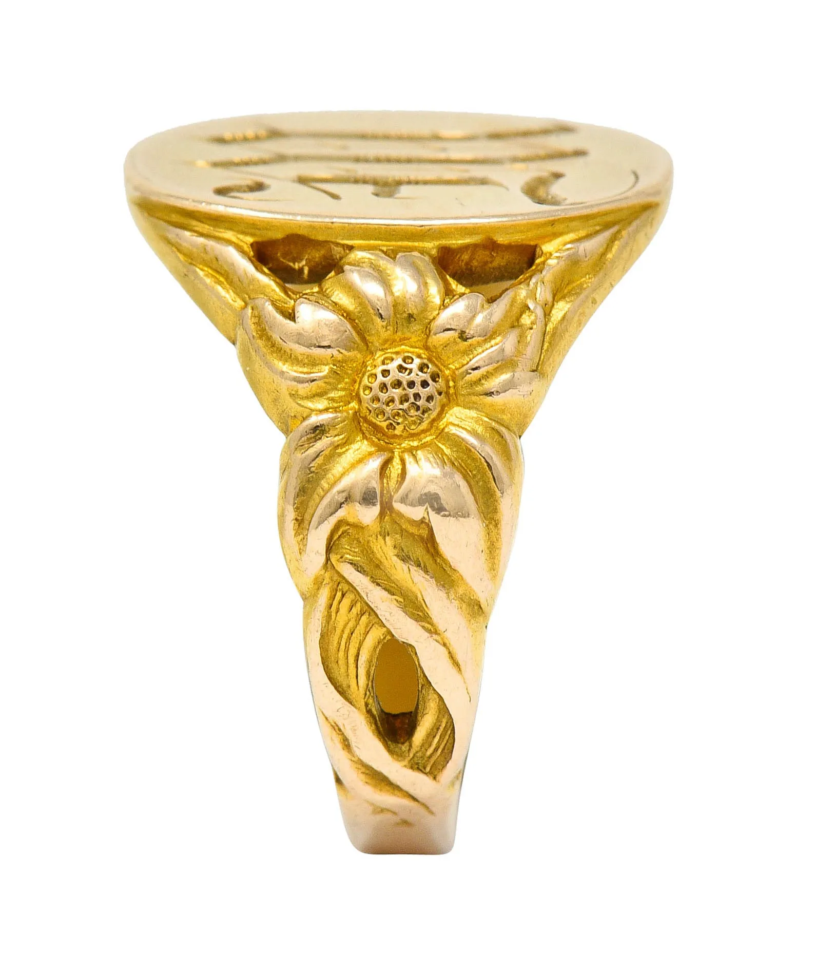Art Nouveau 14 Karat Gold Floral Monogram Unisex Signet Ring