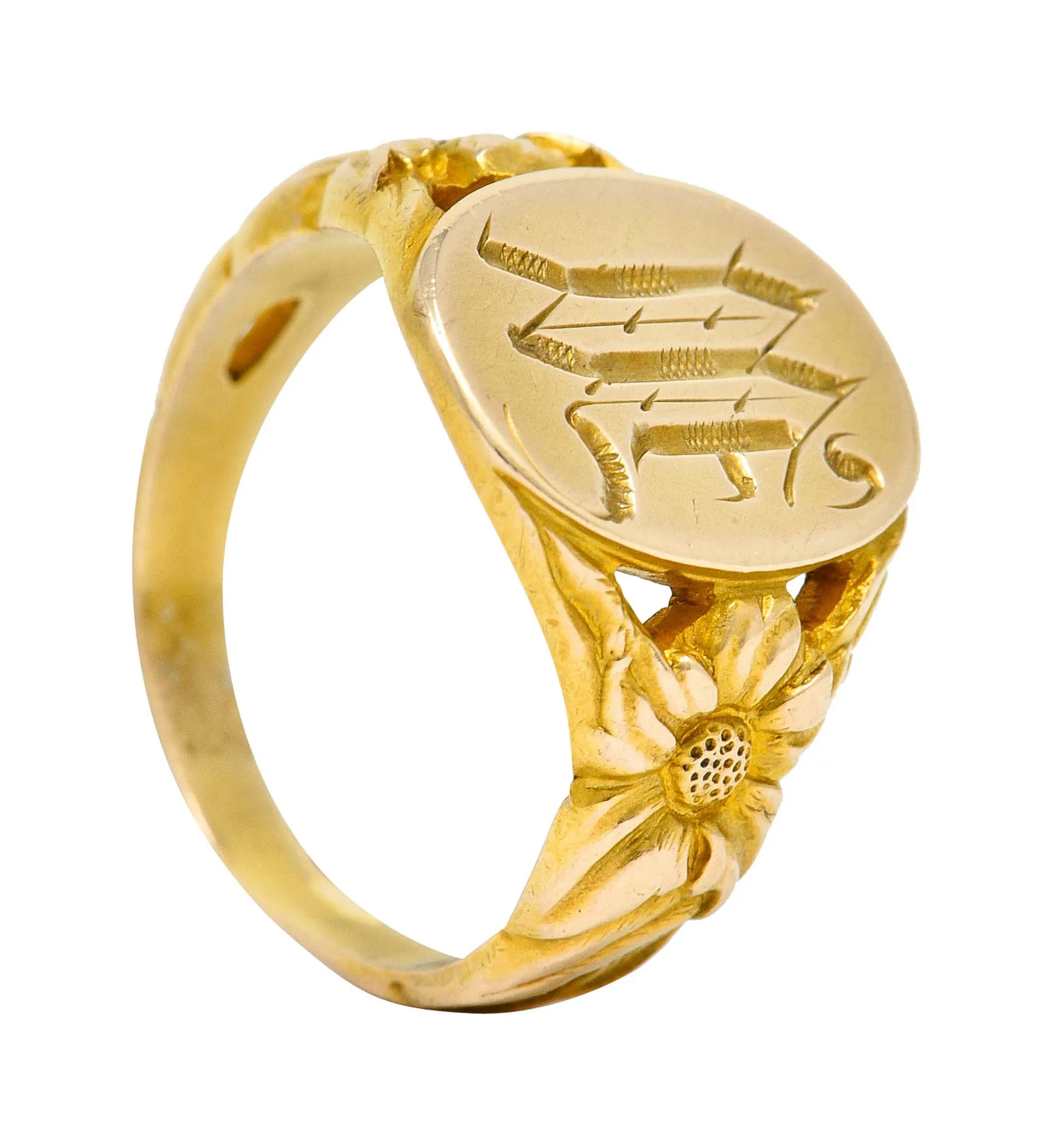 Art Nouveau 14 Karat Gold Floral Monogram Unisex Signet Ring