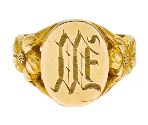 Art Nouveau 14 Karat Gold Floral Monogram Unisex Signet Ring