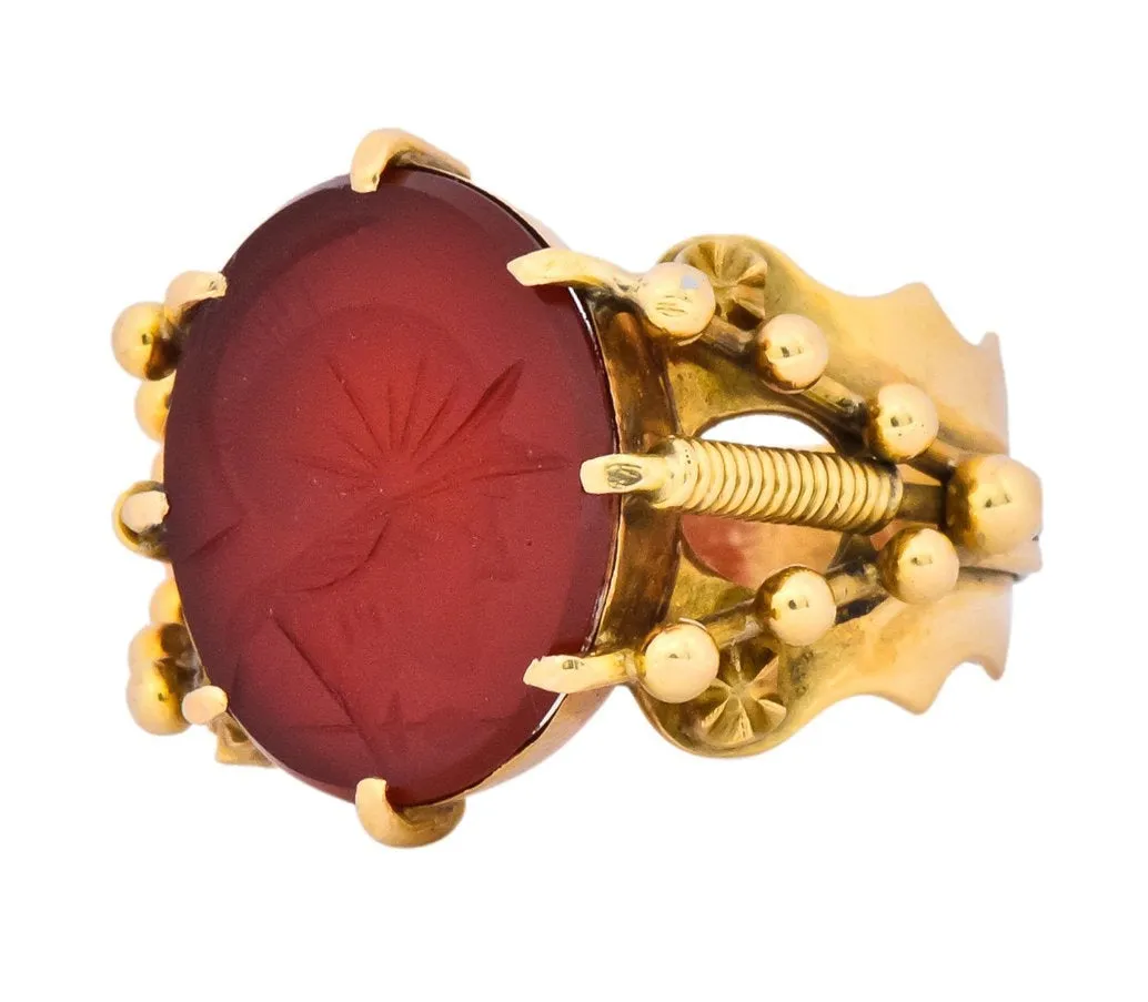 Art Nouveau Carnelian Intaglio 18 Karat Gold Greek Warrior Signet Ring