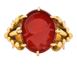 Art Nouveau Carnelian Intaglio 18 Karat Gold Greek Warrior Signet Ring