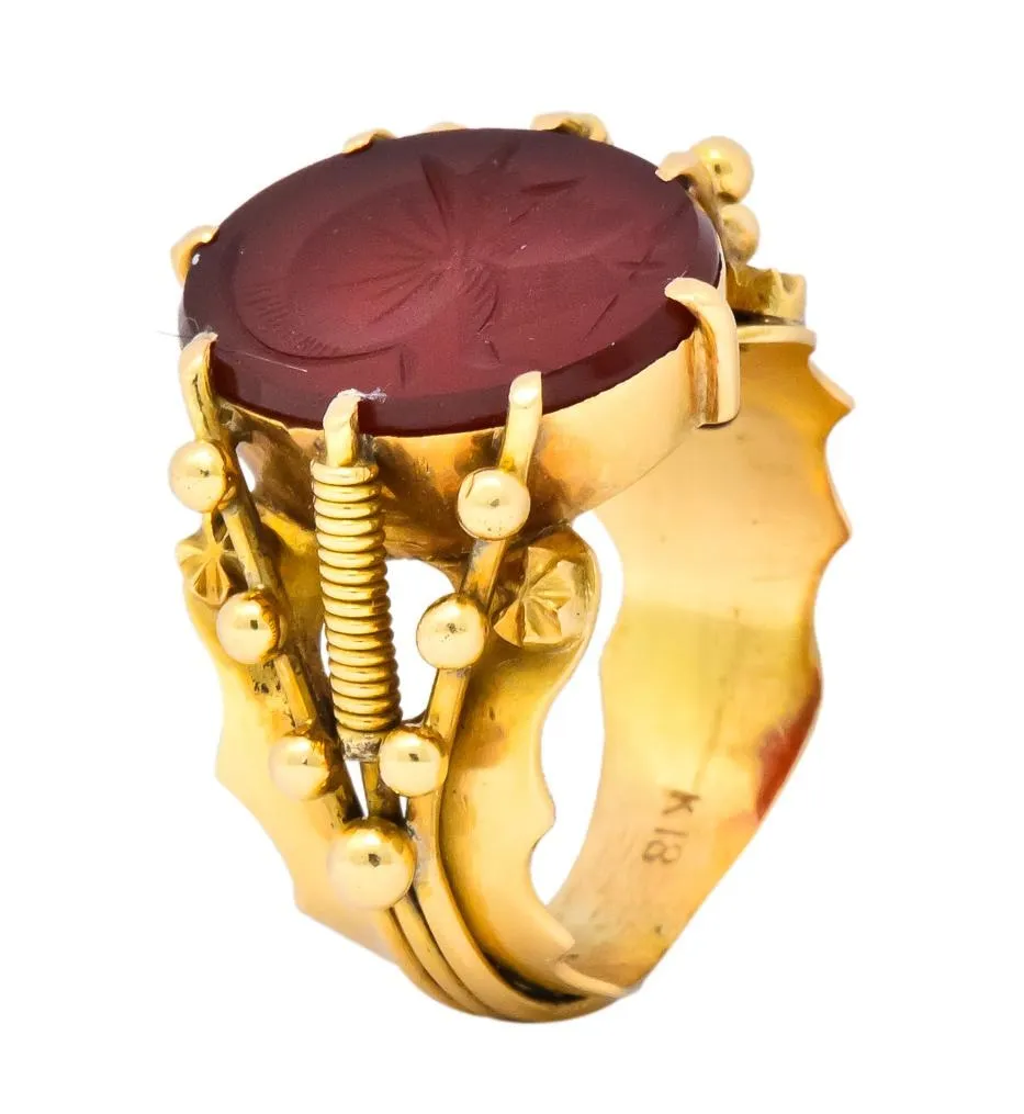 Art Nouveau Carnelian Intaglio 18 Karat Gold Greek Warrior Signet Ring
