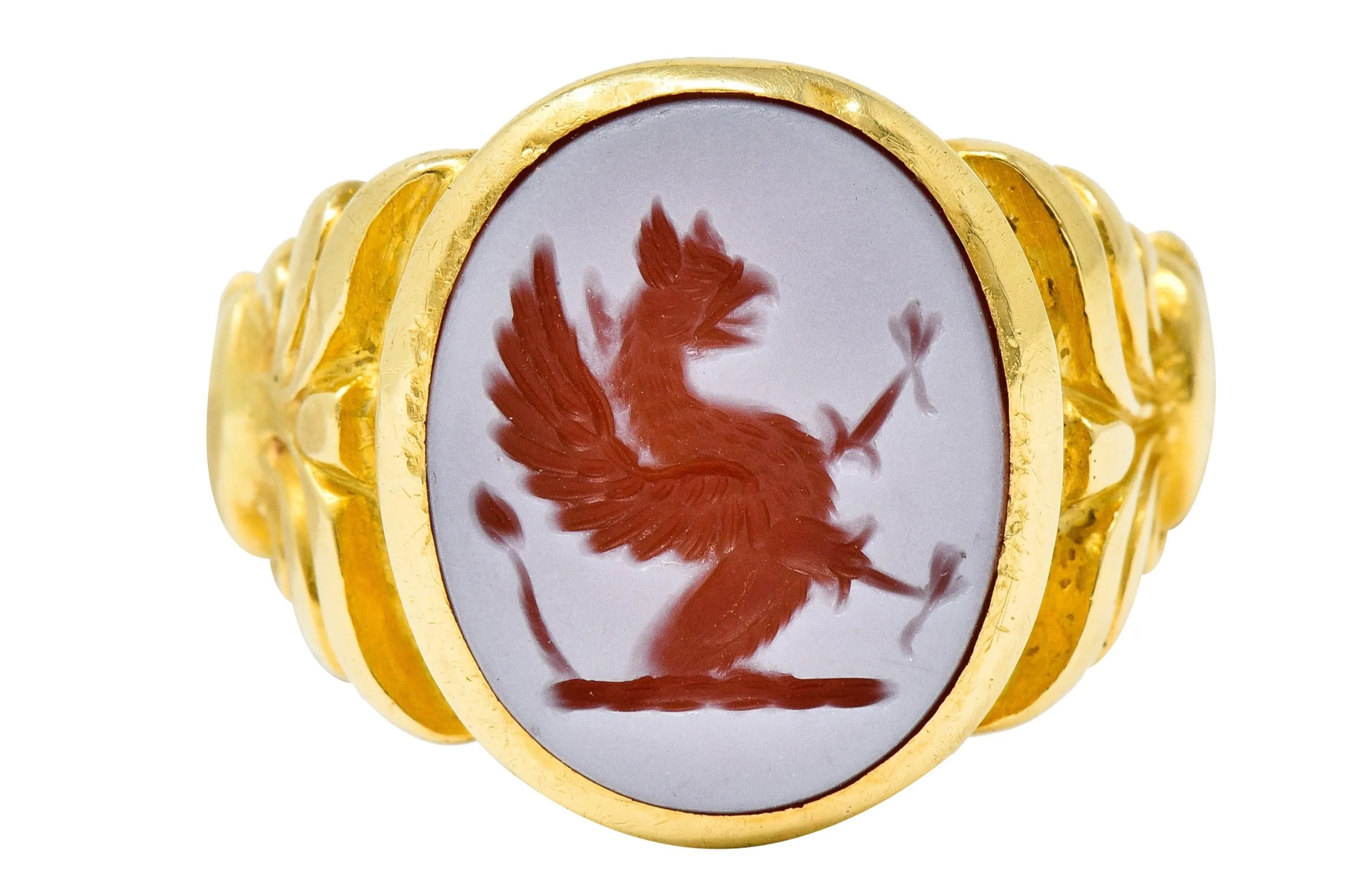 Art Nouveau Hardstone Intaglio 18 Karat Gold Griffin Signet Ring