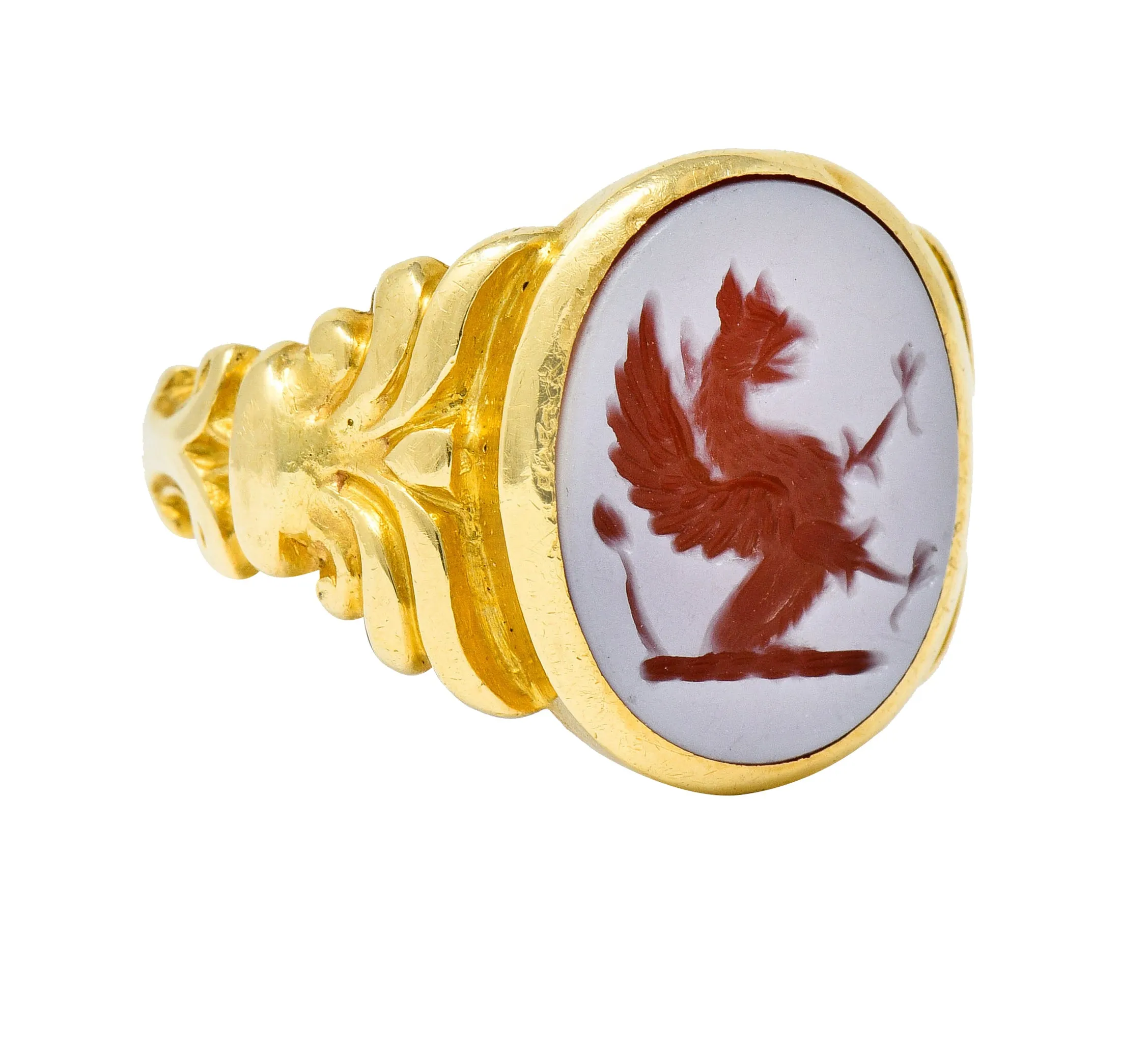 Art Nouveau Hardstone Intaglio 18 Karat Gold Griffin Signet Ring