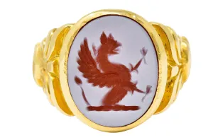 Art Nouveau Hardstone Intaglio 18 Karat Gold Griffin Signet Ring