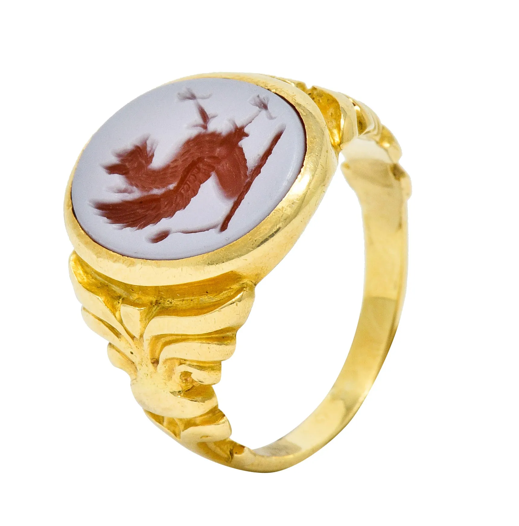 Art Nouveau Hardstone Intaglio 18 Karat Gold Griffin Signet Ring