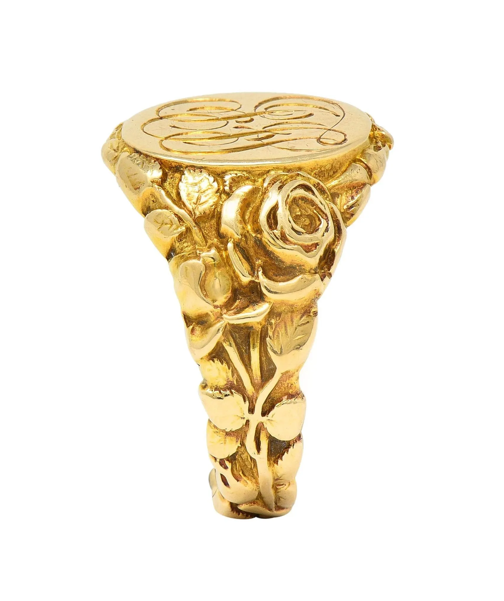 Art Nouveau Jones & Woodland 14 Karat Yellow Gold Antique Rose Unisex Signet Ring
