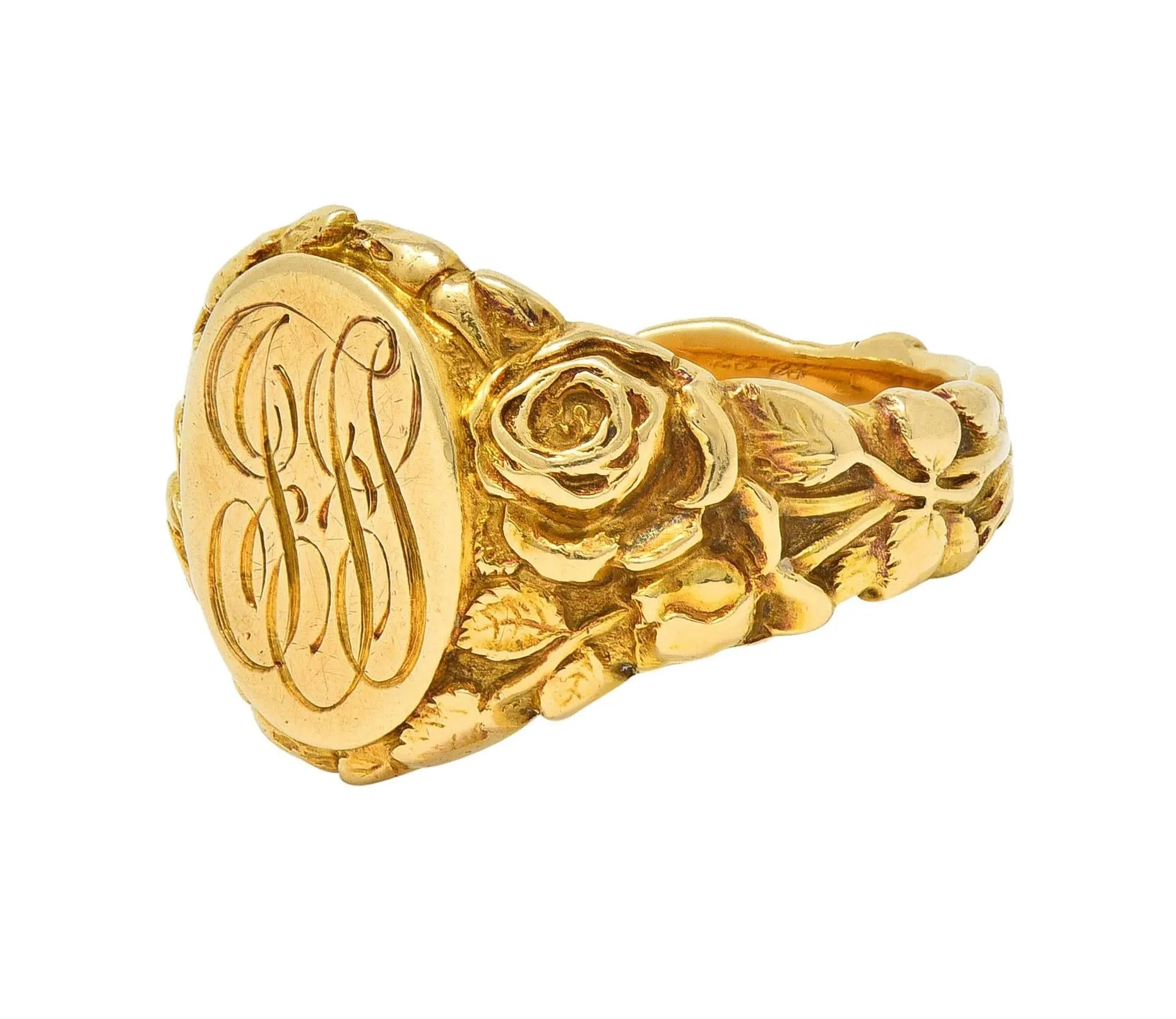 Art Nouveau Jones & Woodland 14 Karat Yellow Gold Antique Rose Unisex Signet Ring