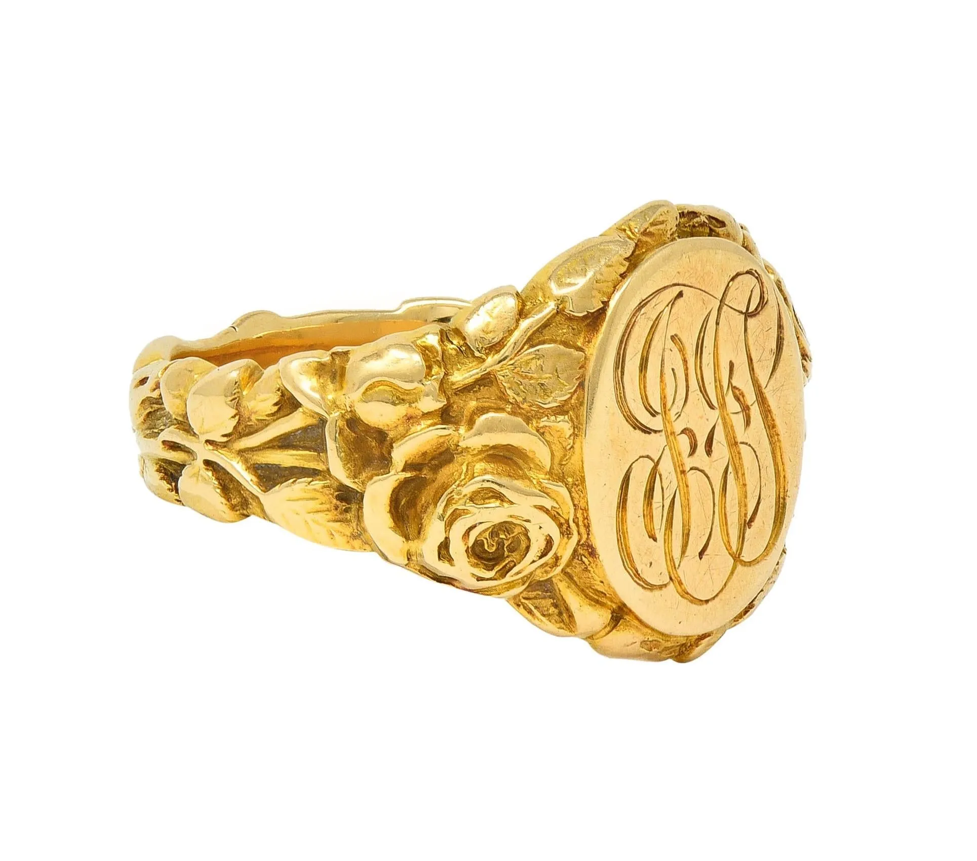 Art Nouveau Jones & Woodland 14 Karat Yellow Gold Antique Rose Unisex Signet Ring