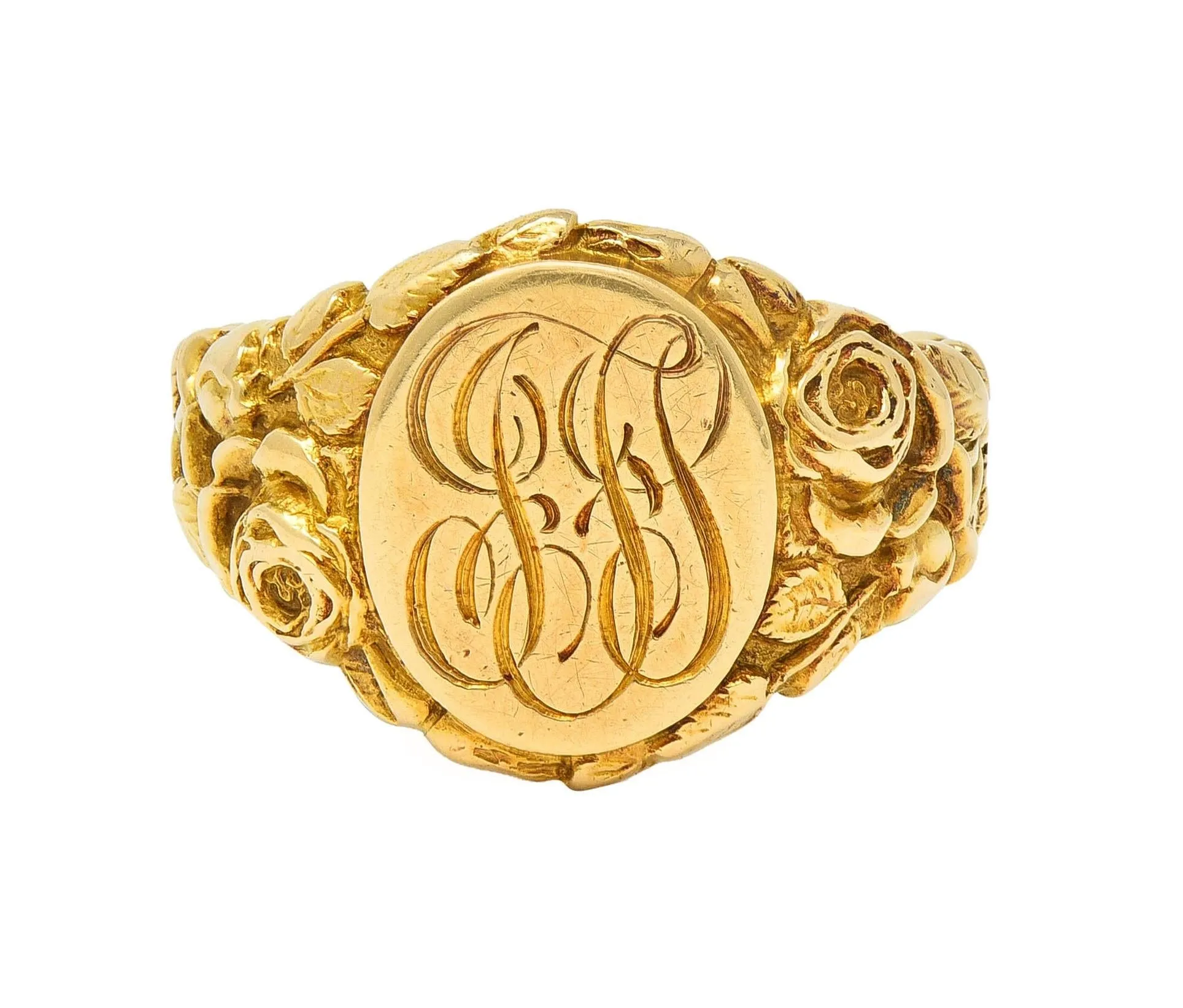 Art Nouveau Jones & Woodland 14 Karat Yellow Gold Antique Rose Unisex Signet Ring