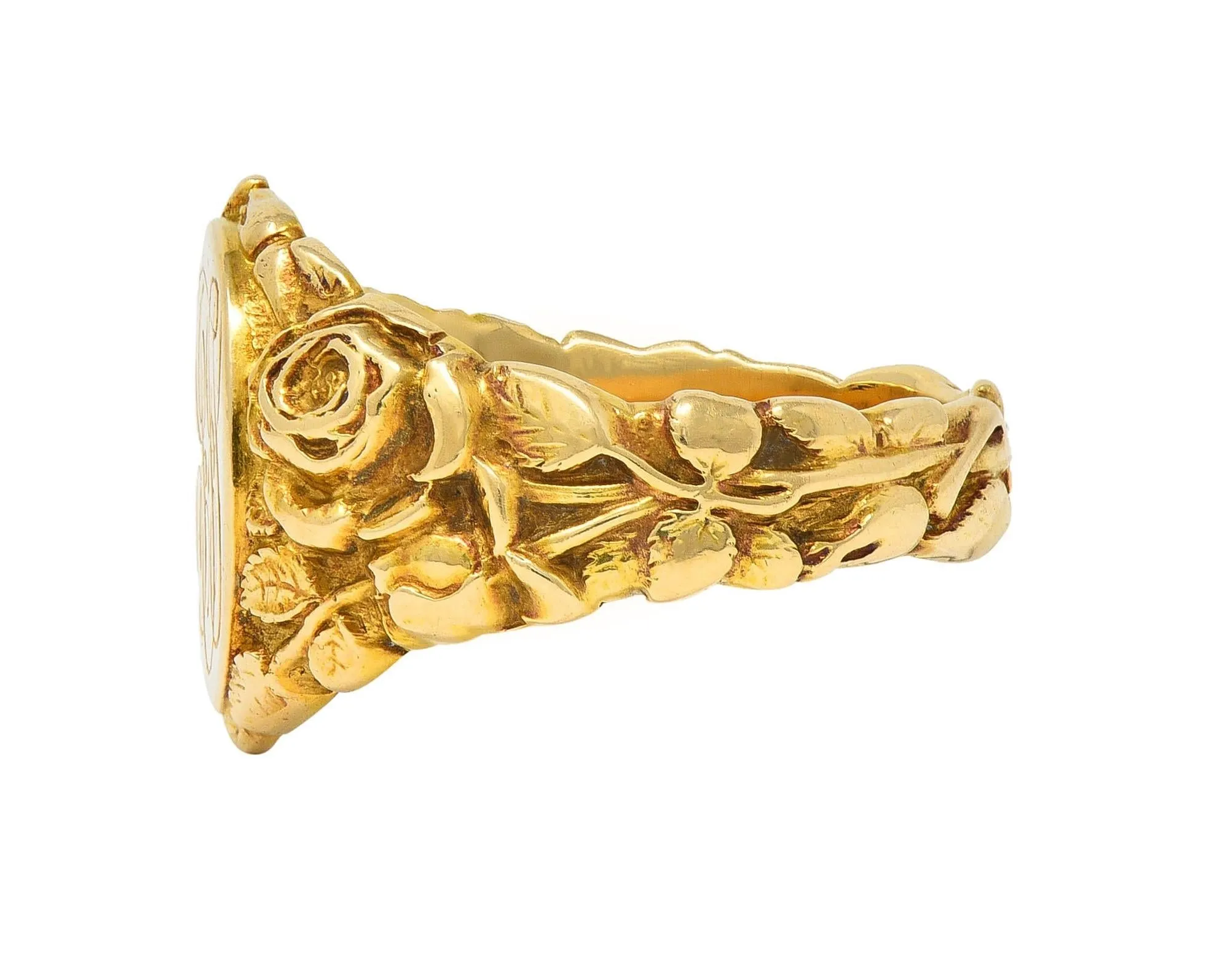 Art Nouveau Jones & Woodland 14 Karat Yellow Gold Antique Rose Unisex Signet Ring