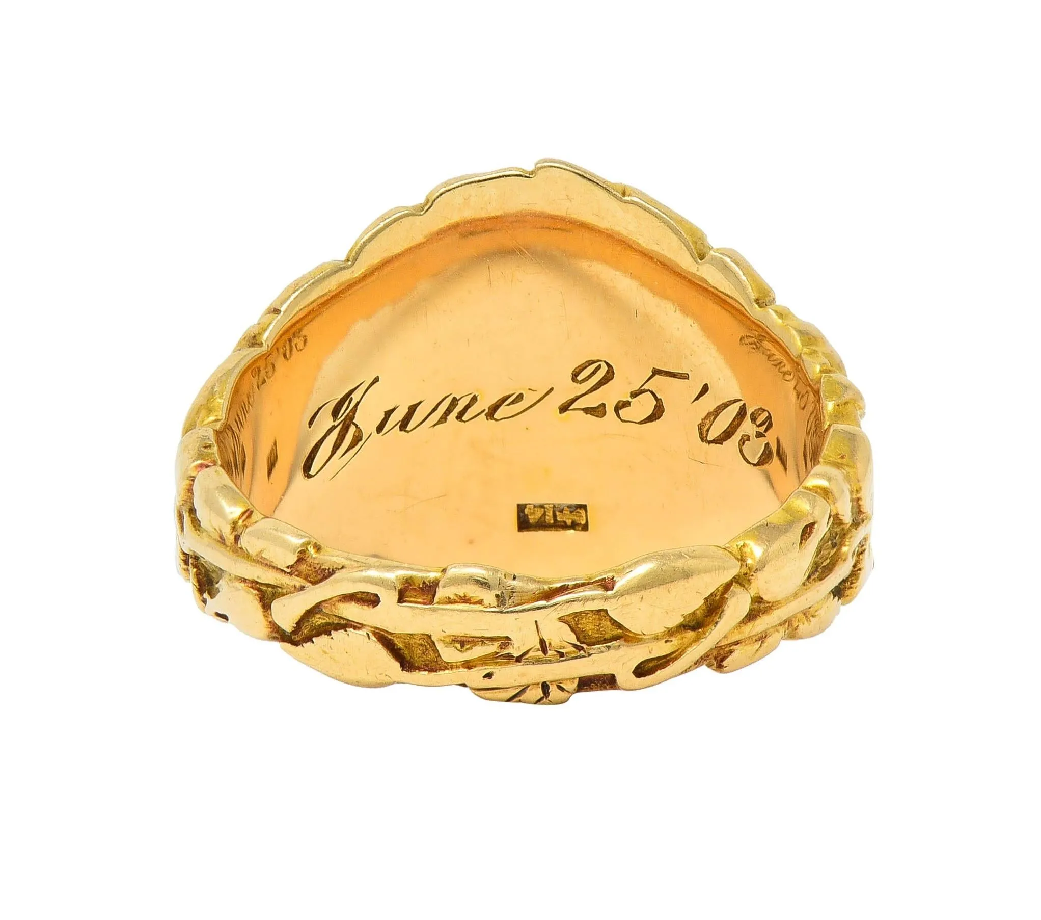 Art Nouveau Jones & Woodland 14 Karat Yellow Gold Antique Rose Unisex Signet Ring