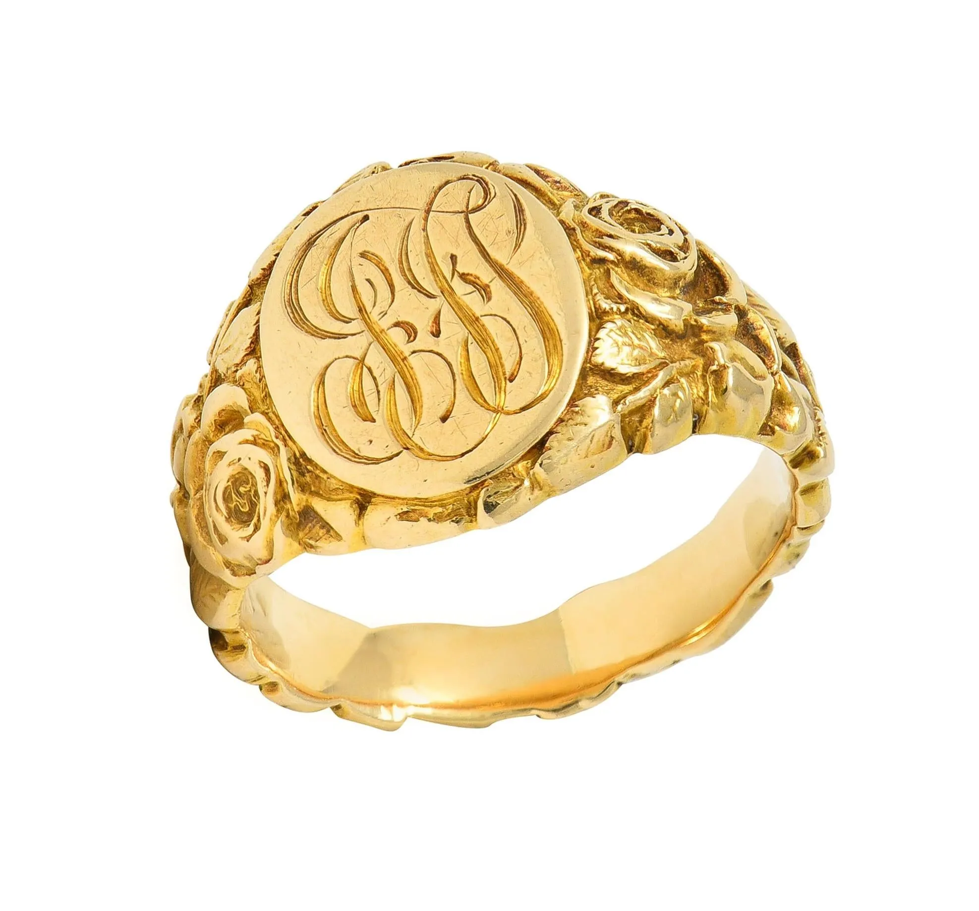 Art Nouveau Jones & Woodland 14 Karat Yellow Gold Antique Rose Unisex Signet Ring