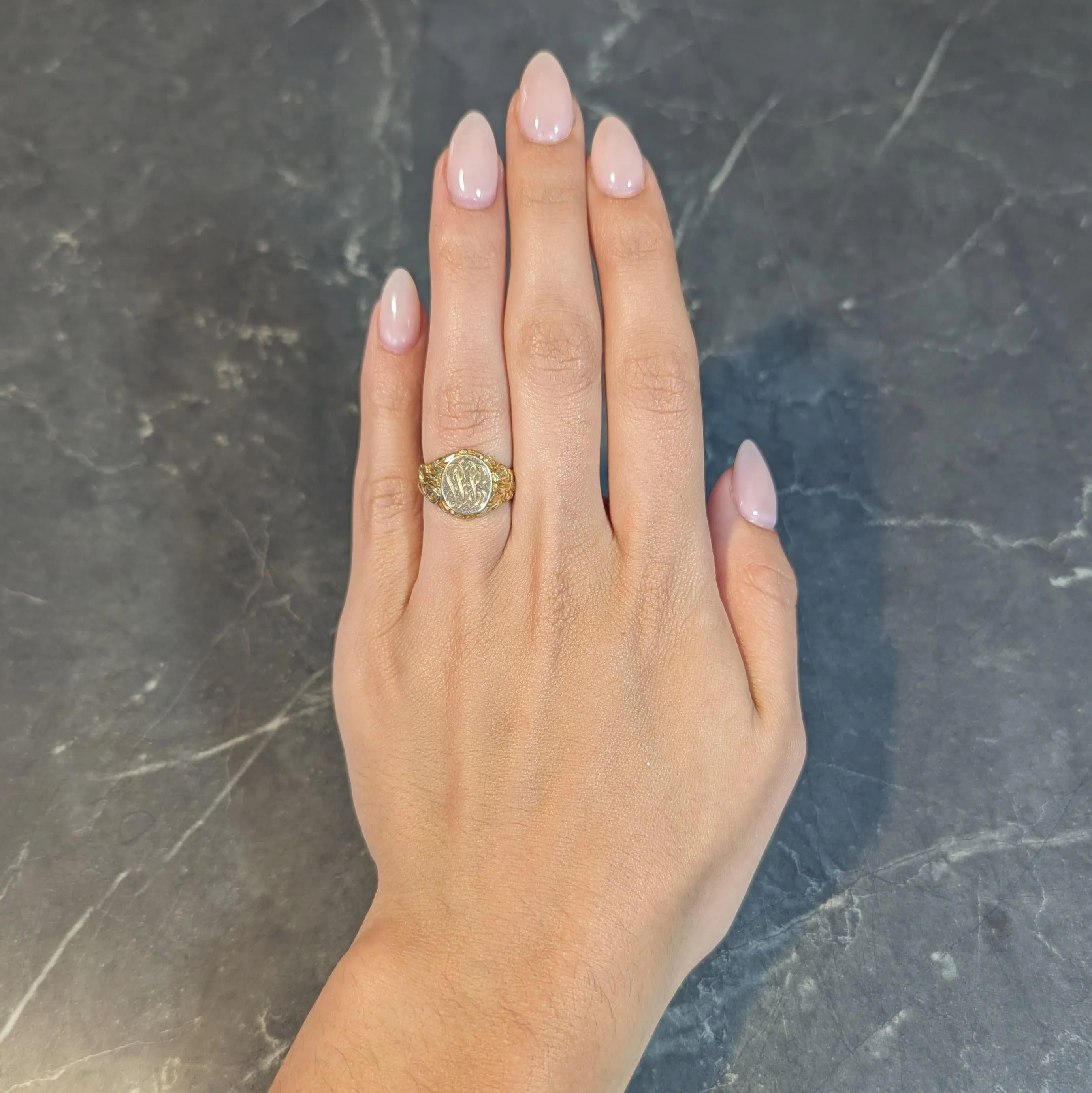 Art Nouveau Jones & Woodland 14 Karat Yellow Gold Antique Rose Unisex Signet Ring