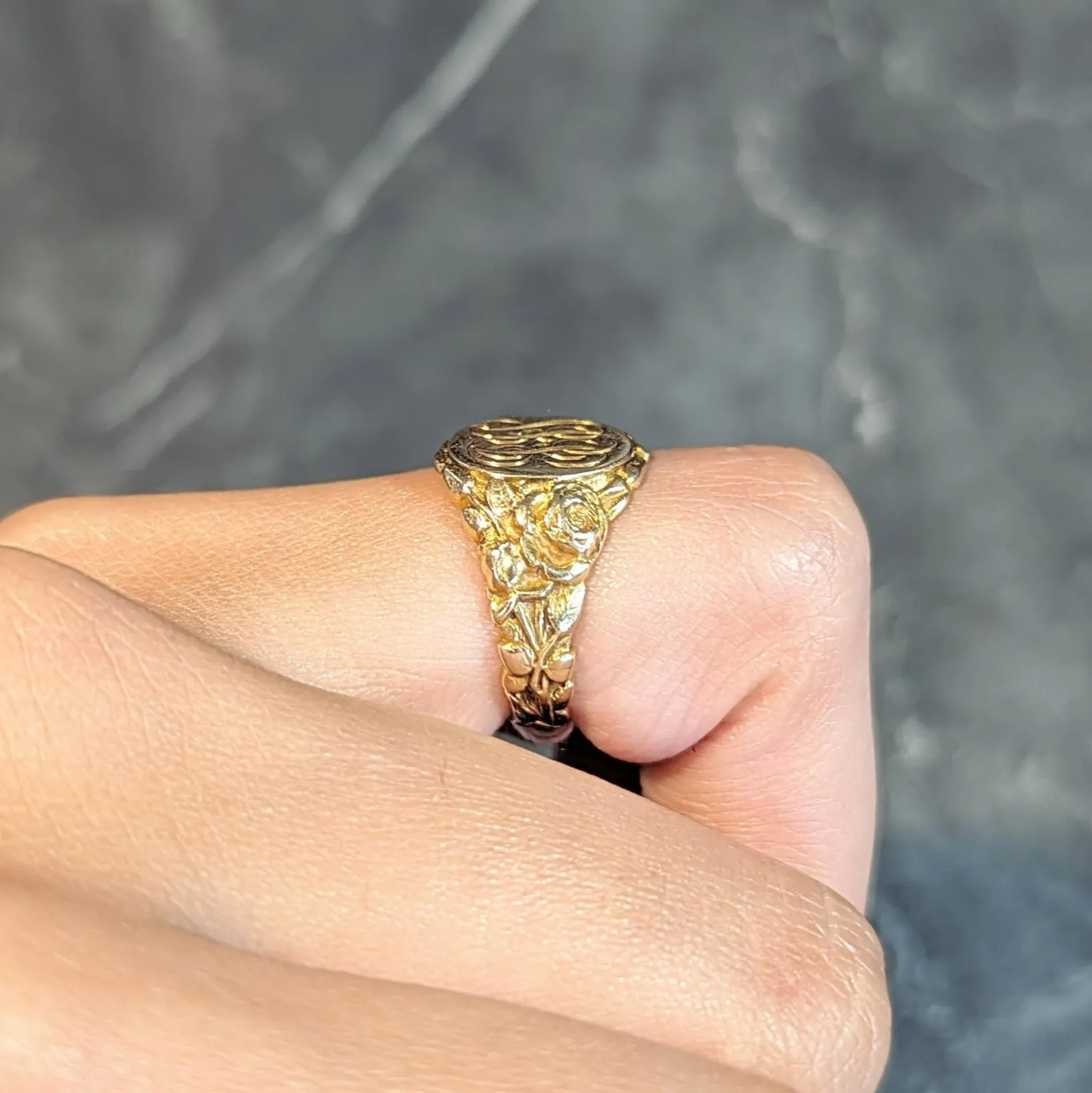 Art Nouveau Jones & Woodland 14 Karat Yellow Gold Antique Rose Unisex Signet Ring