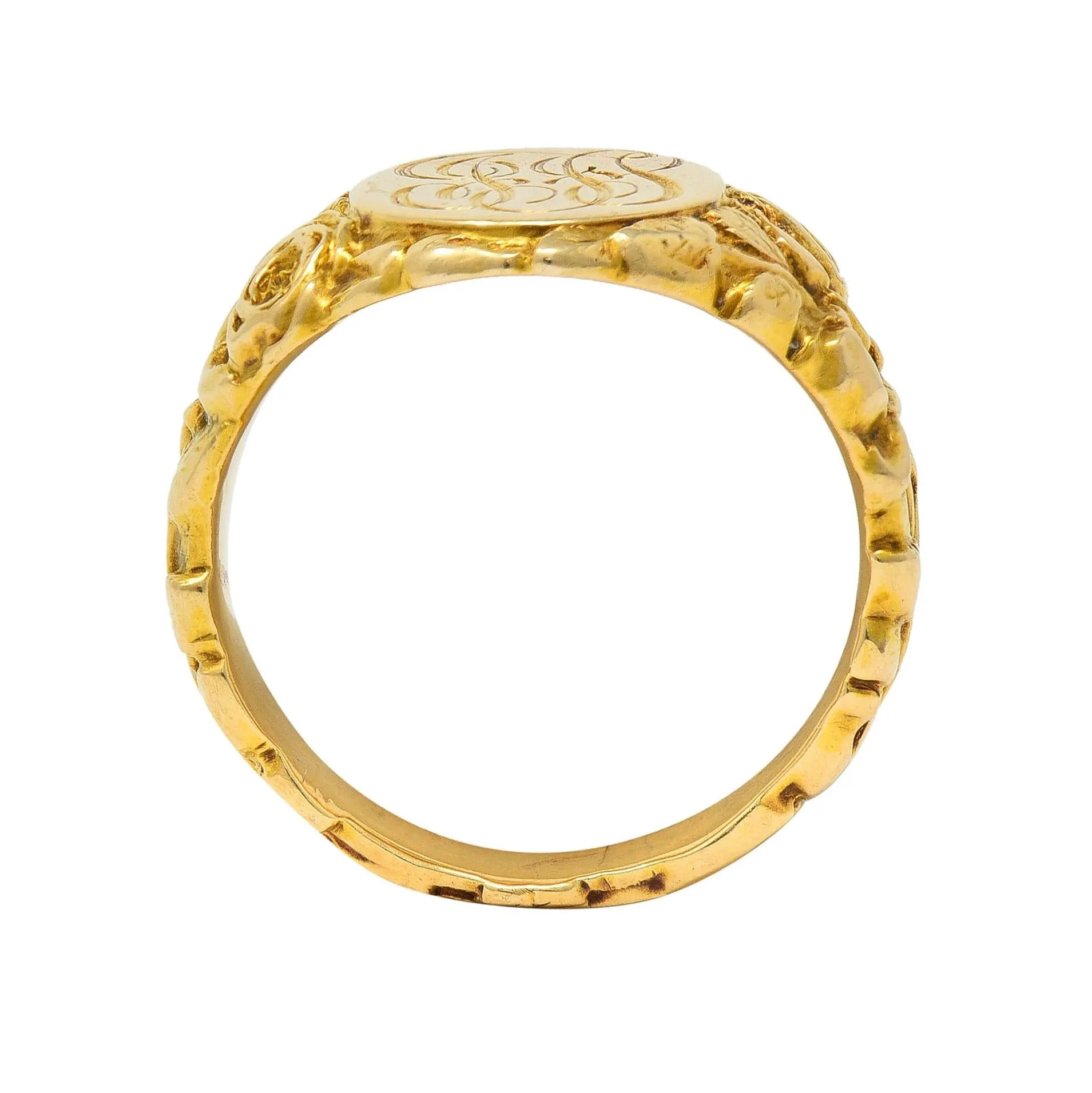 Art Nouveau Jones & Woodland 14 Karat Yellow Gold Antique Rose Unisex Signet Ring