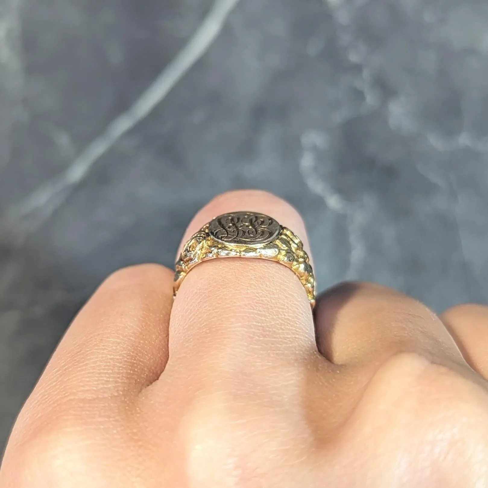 Art Nouveau Jones & Woodland 14 Karat Yellow Gold Antique Rose Unisex Signet Ring