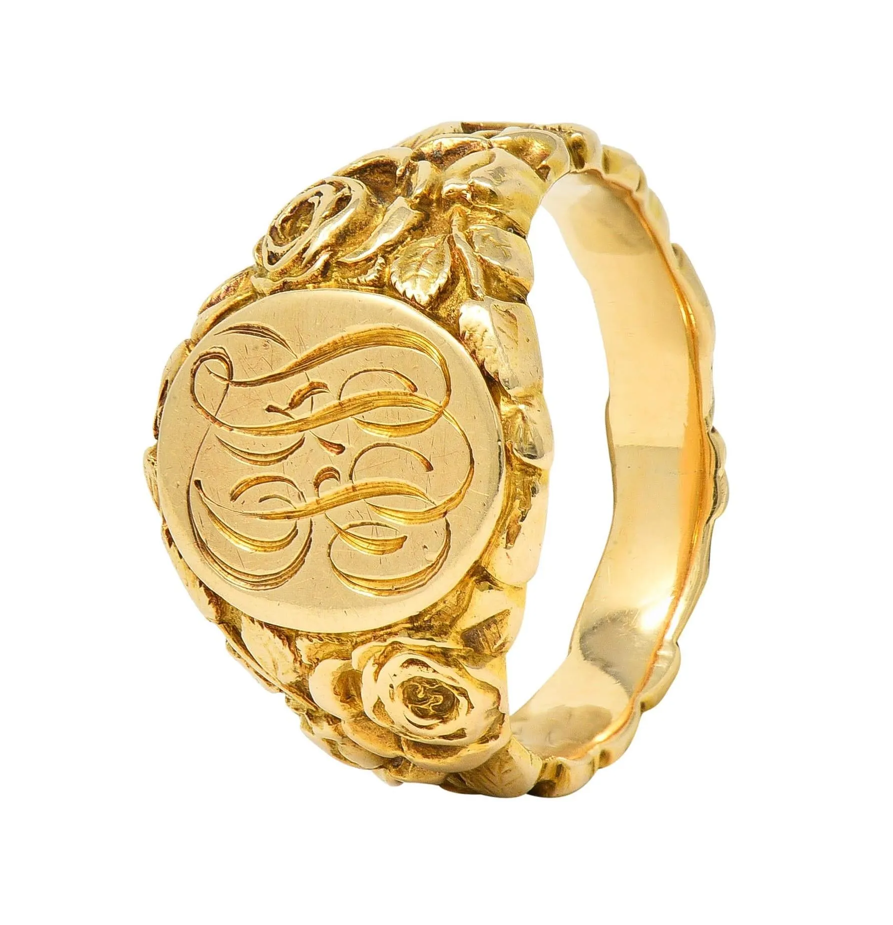 Art Nouveau Jones & Woodland 14 Karat Yellow Gold Antique Rose Unisex Signet Ring