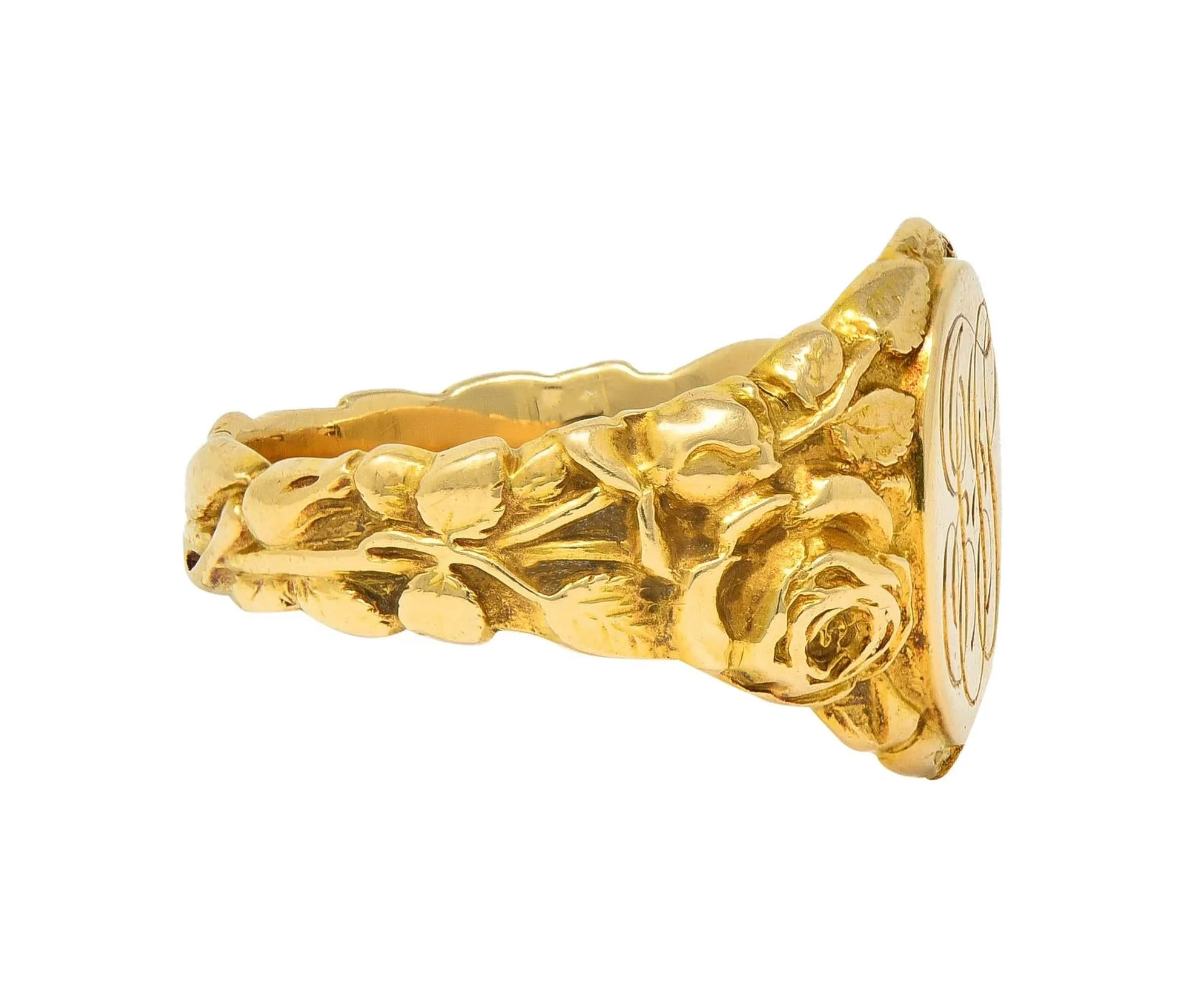 Art Nouveau Jones & Woodland 14 Karat Yellow Gold Antique Rose Unisex Signet Ring