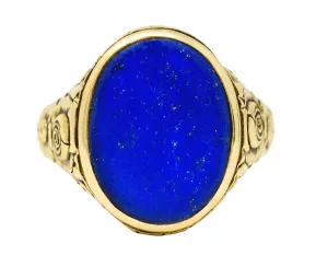Art Nouveau Lapis Lazuli 14 Karat Yellow Gold Floral Unisex Signet Ring