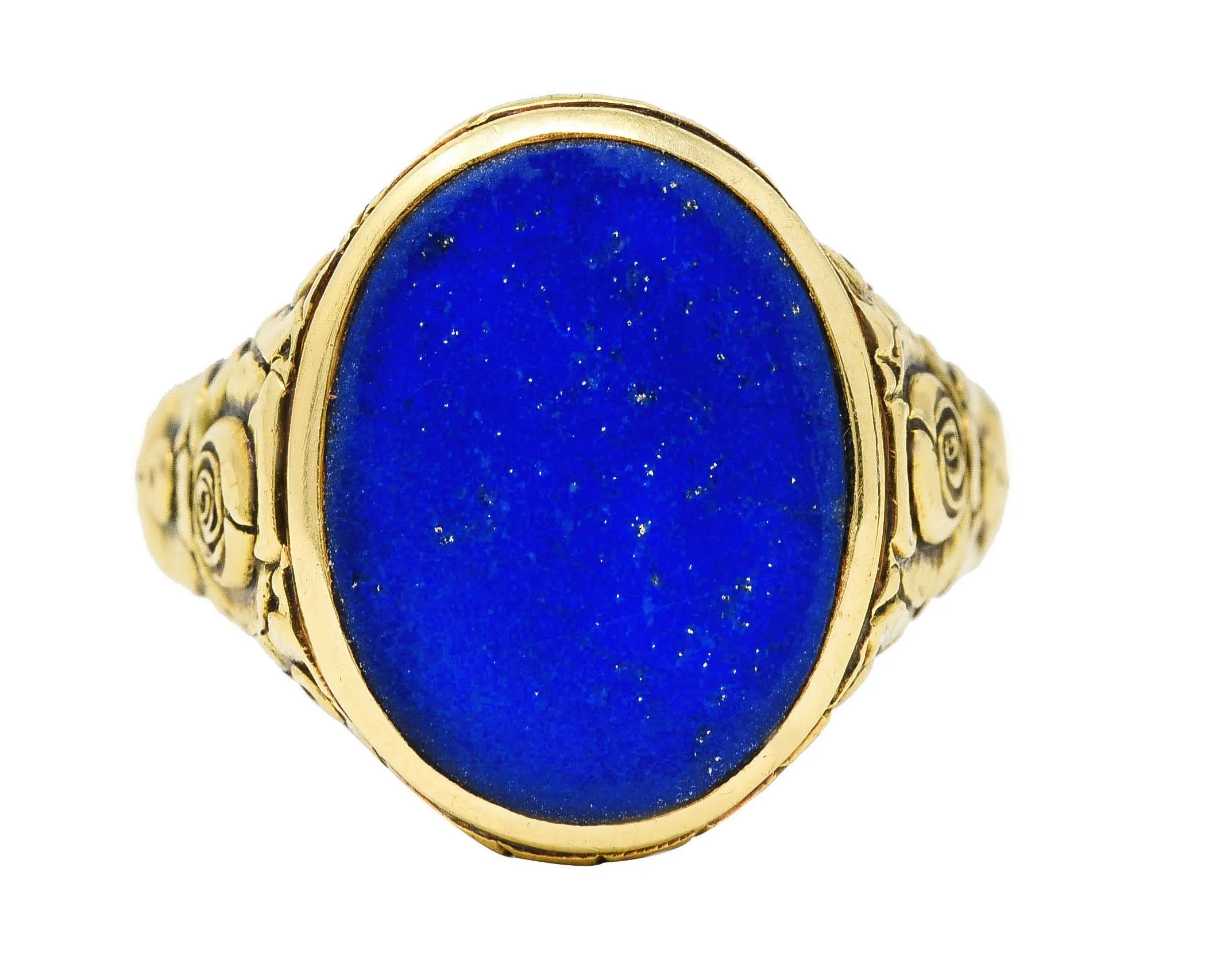 Art Nouveau Lapis Lazuli 14 Karat Yellow Gold Floral Unisex Signet Ring