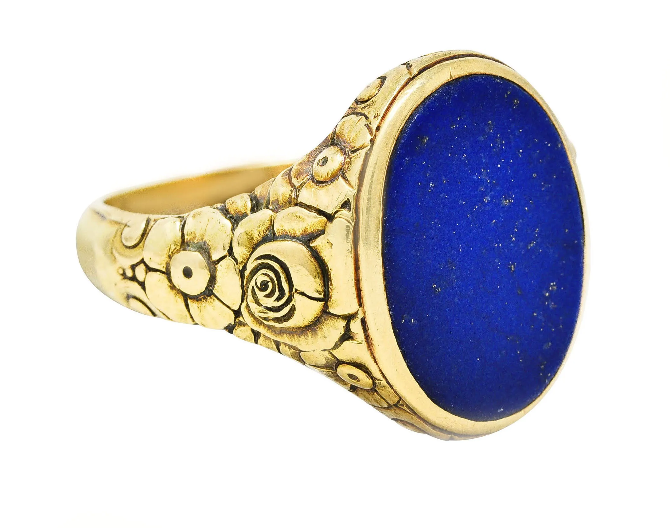 Art Nouveau Lapis Lazuli 14 Karat Yellow Gold Floral Unisex Signet Ring