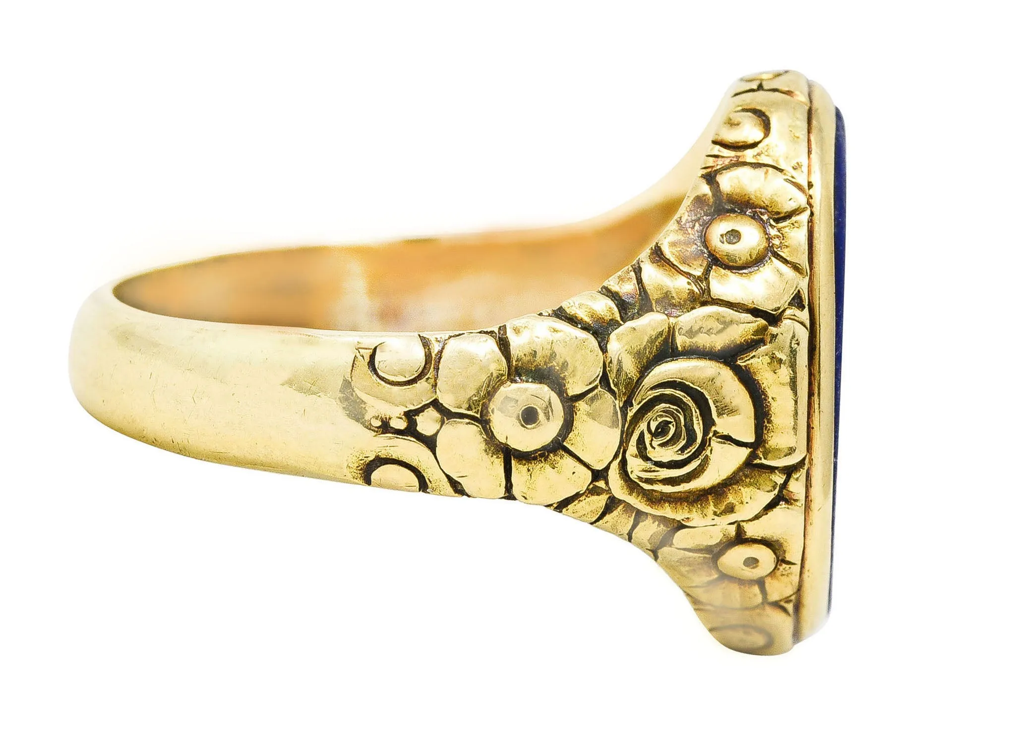 Art Nouveau Lapis Lazuli 14 Karat Yellow Gold Floral Unisex Signet Ring