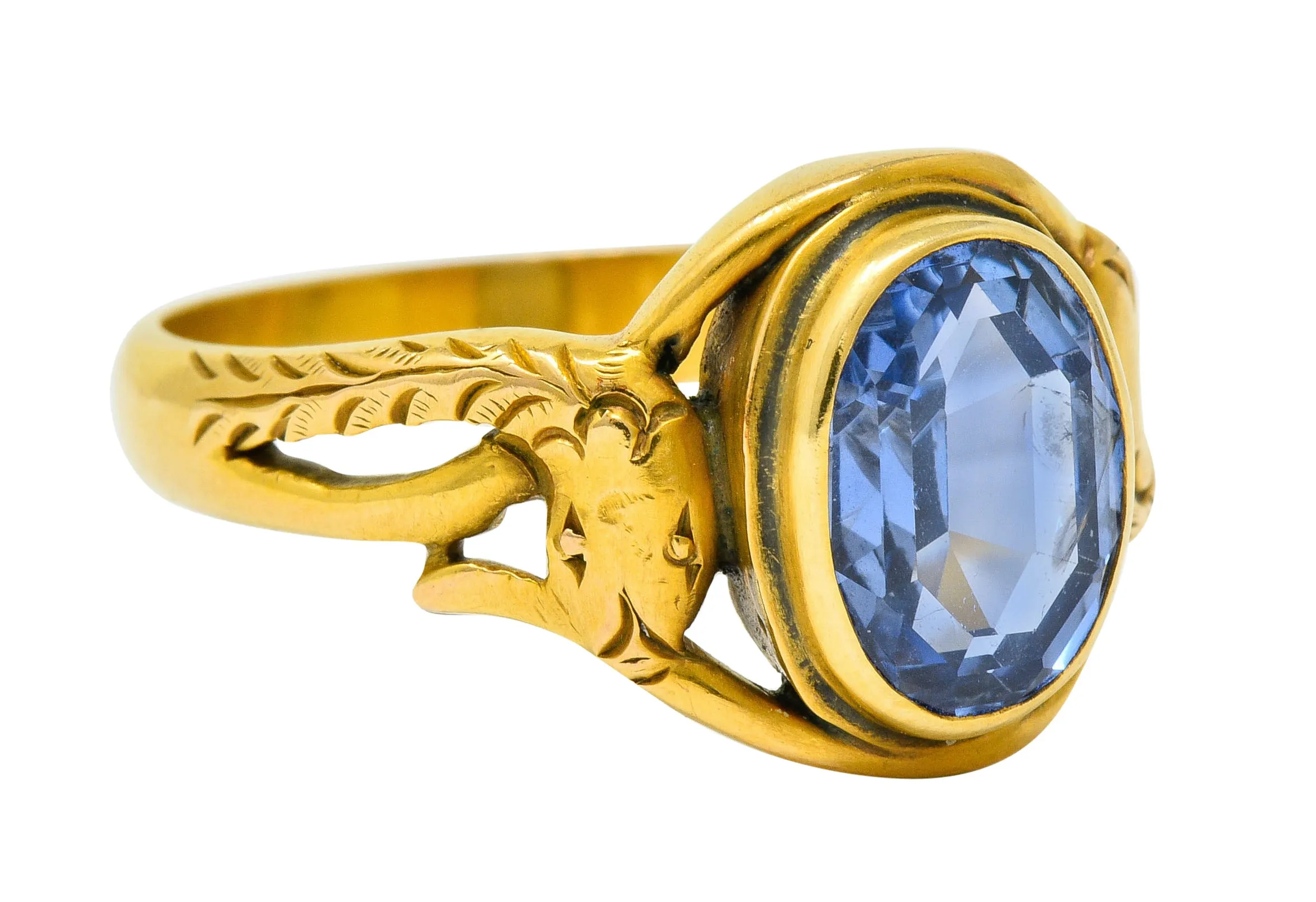 Art Nouveau No Heat Ceylon Sapphire 14 Karat Gold Snake Ring AGL