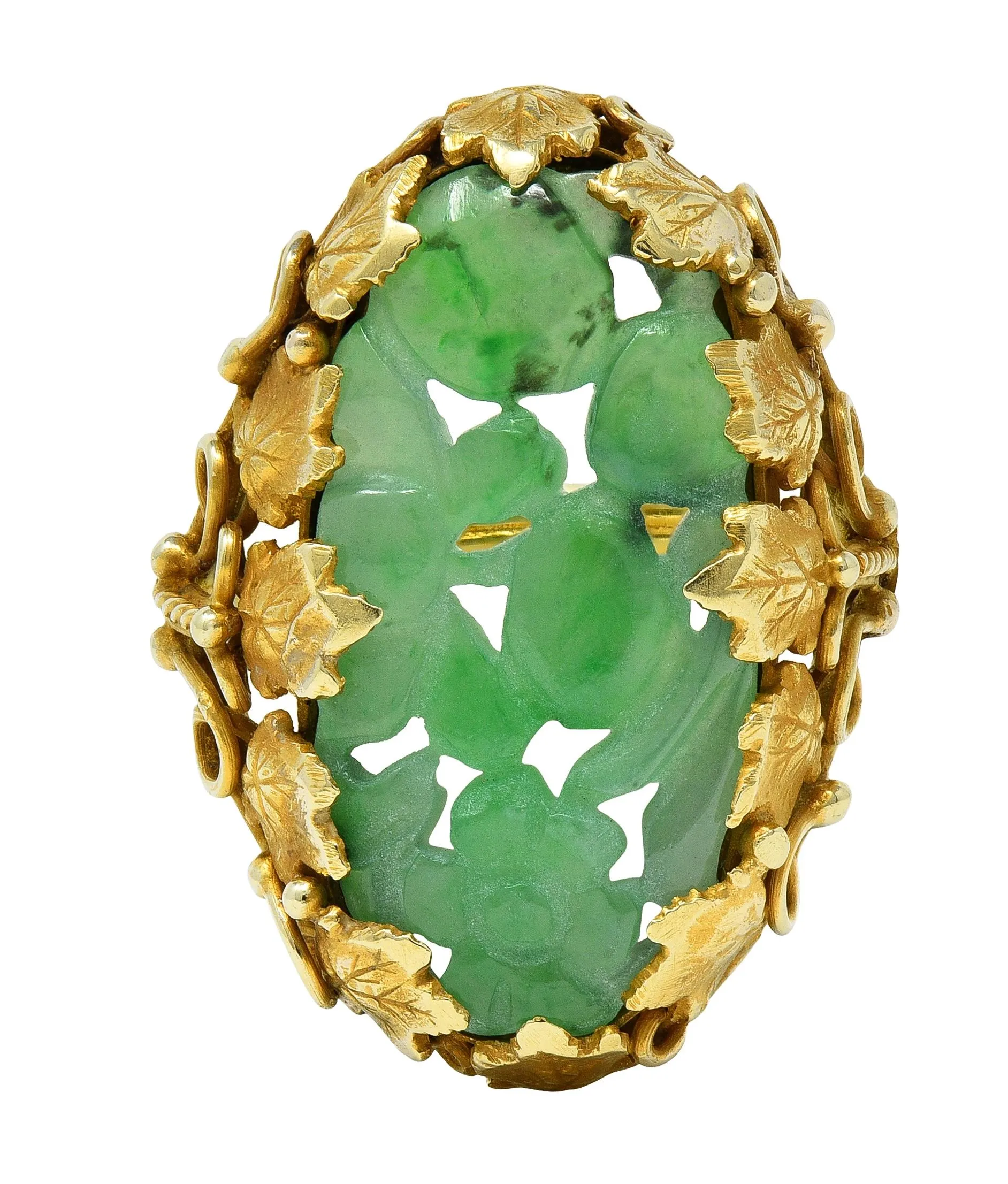 Arts & Crafts Jade 14 Karat Yellow Gold Antique Ivy Fruit Flower Signet Ring