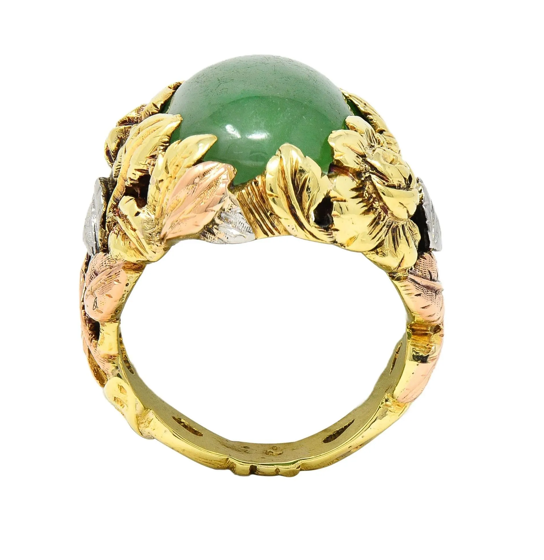 Arts & Crafts Jade Platinum 18 Karat Two-Tone Gold Antique Rose Floral Flower Signet Ring GIA