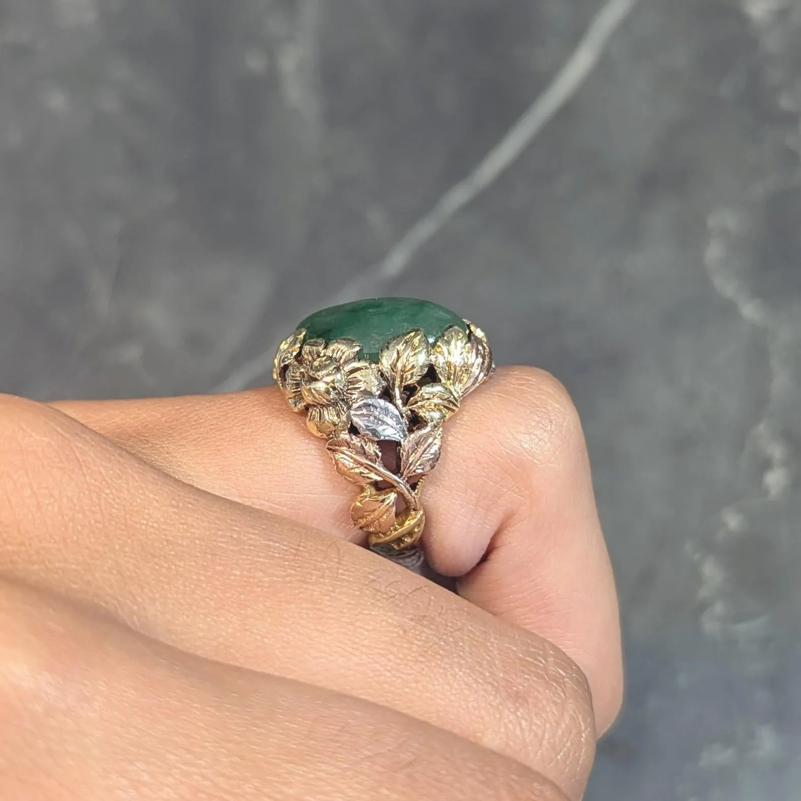 Arts & Crafts Jade Platinum 18 Karat Two-Tone Gold Antique Rose Floral Flower Signet Ring GIA