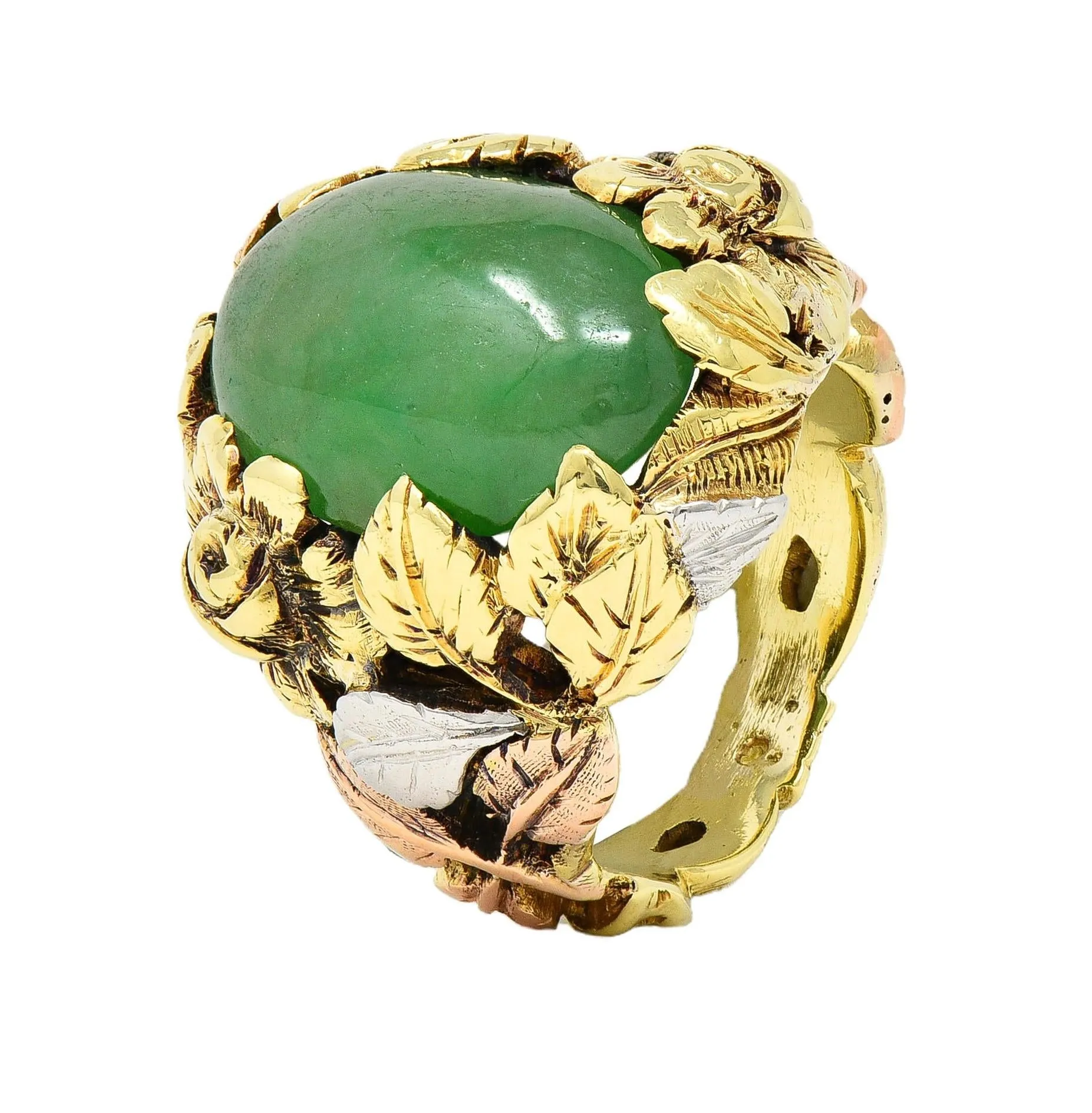 Arts & Crafts Jade Platinum 18 Karat Two-Tone Gold Antique Rose Floral Flower Signet Ring GIA