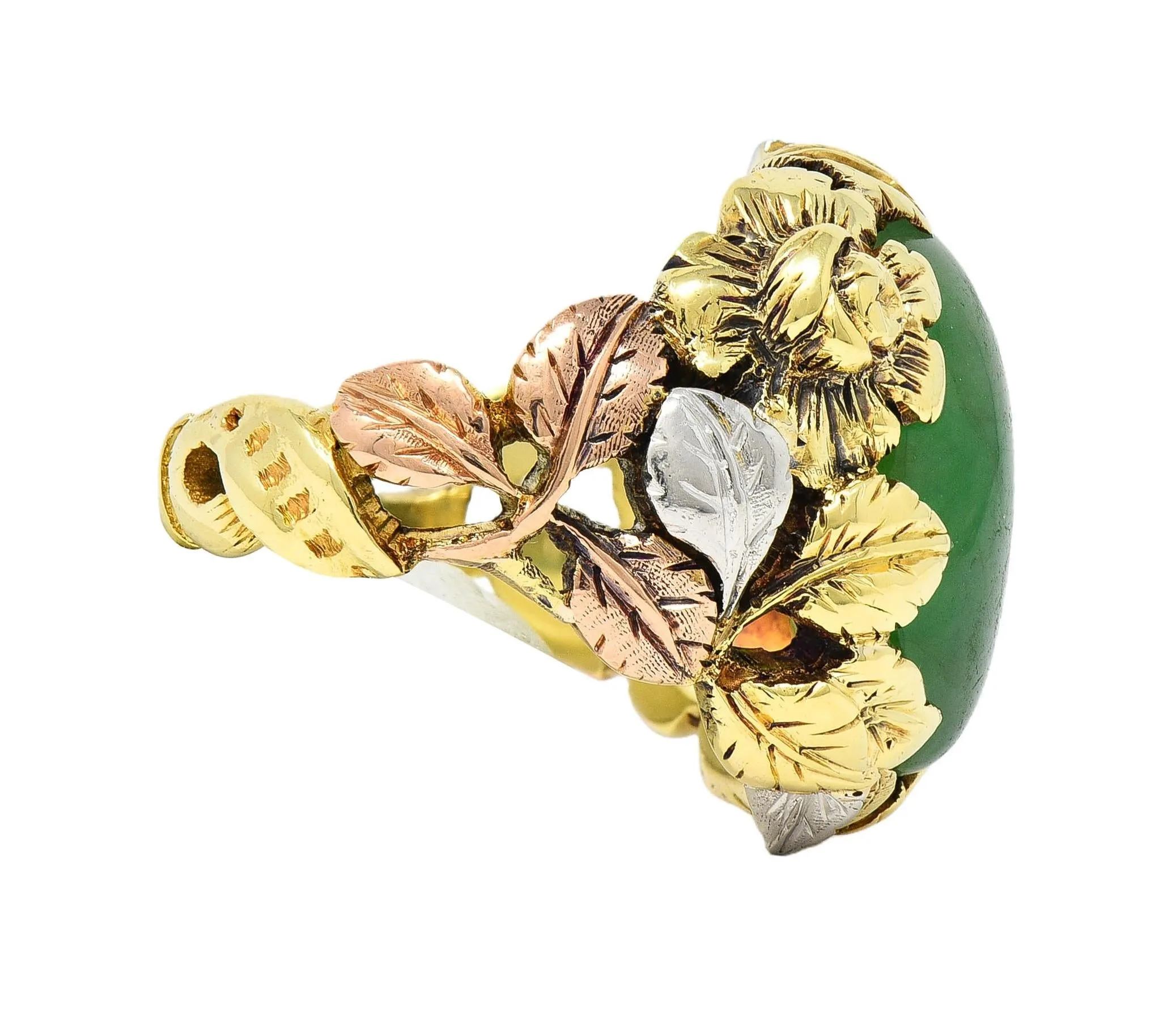 Arts & Crafts Jade Platinum 18 Karat Two-Tone Gold Antique Rose Floral Flower Signet Ring GIA