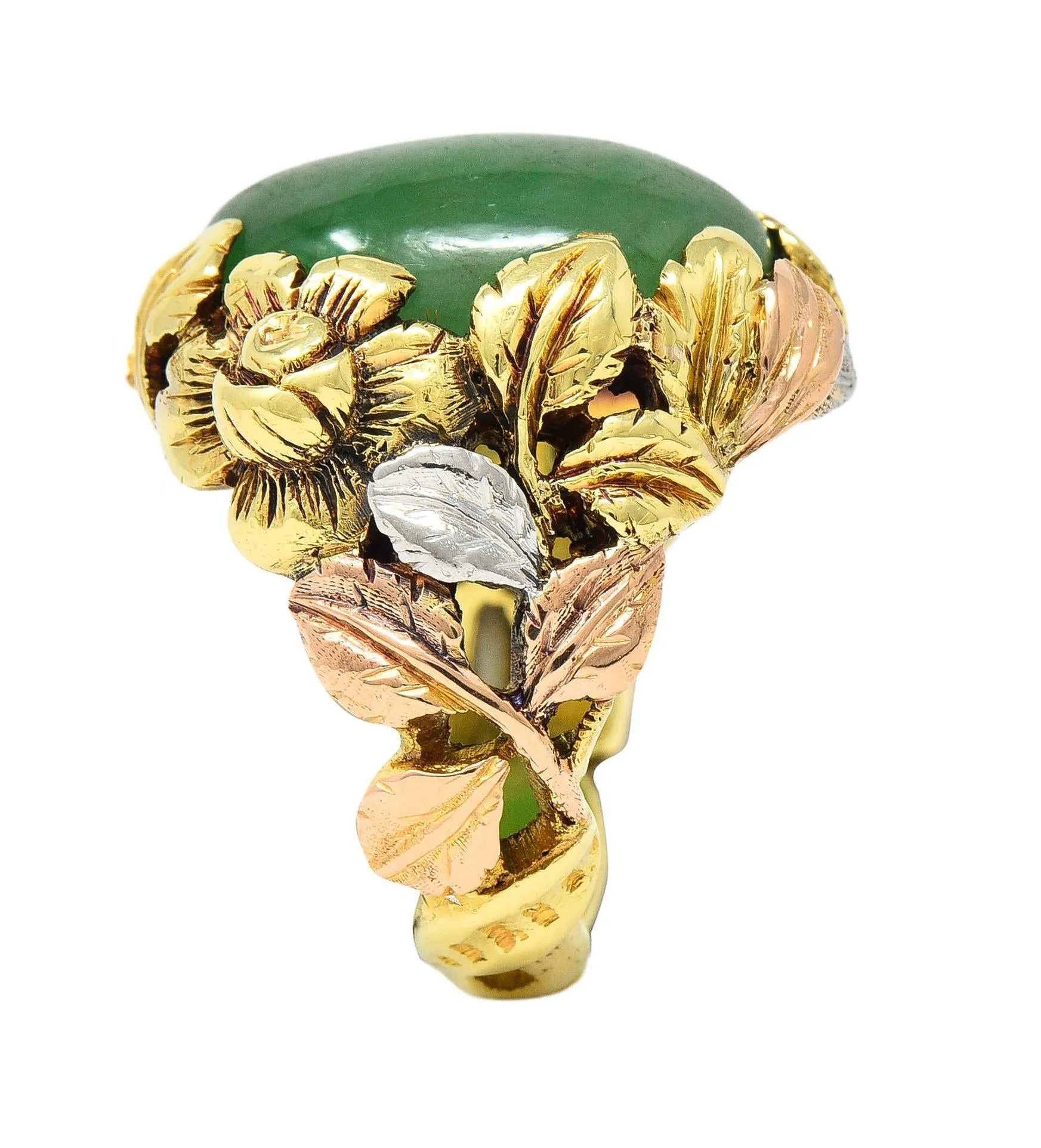 Arts & Crafts Jade Platinum 18 Karat Two-Tone Gold Antique Rose Floral Flower Signet Ring GIA