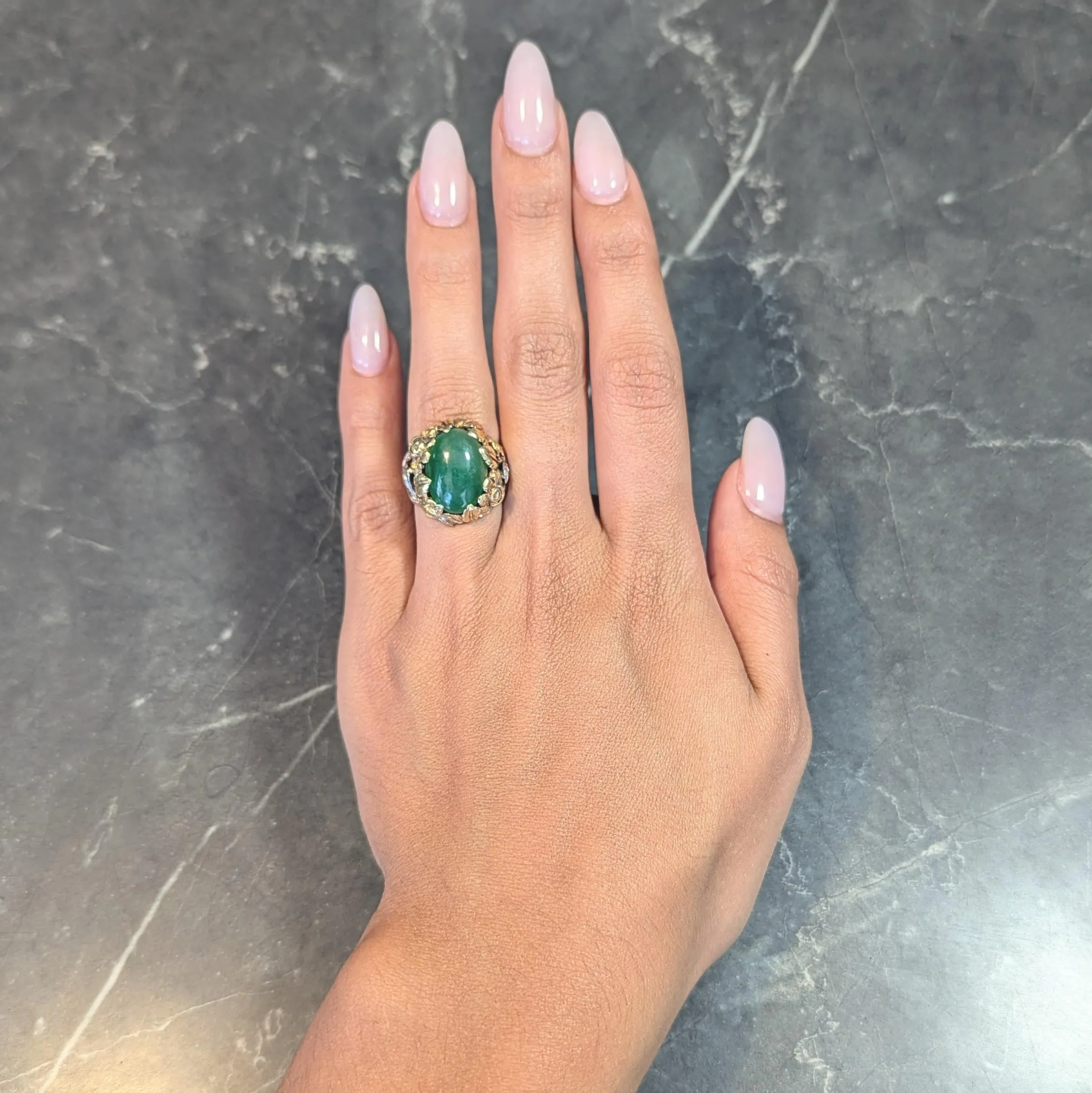 Arts & Crafts Jade Platinum 18 Karat Two-Tone Gold Antique Rose Floral Flower Signet Ring GIA