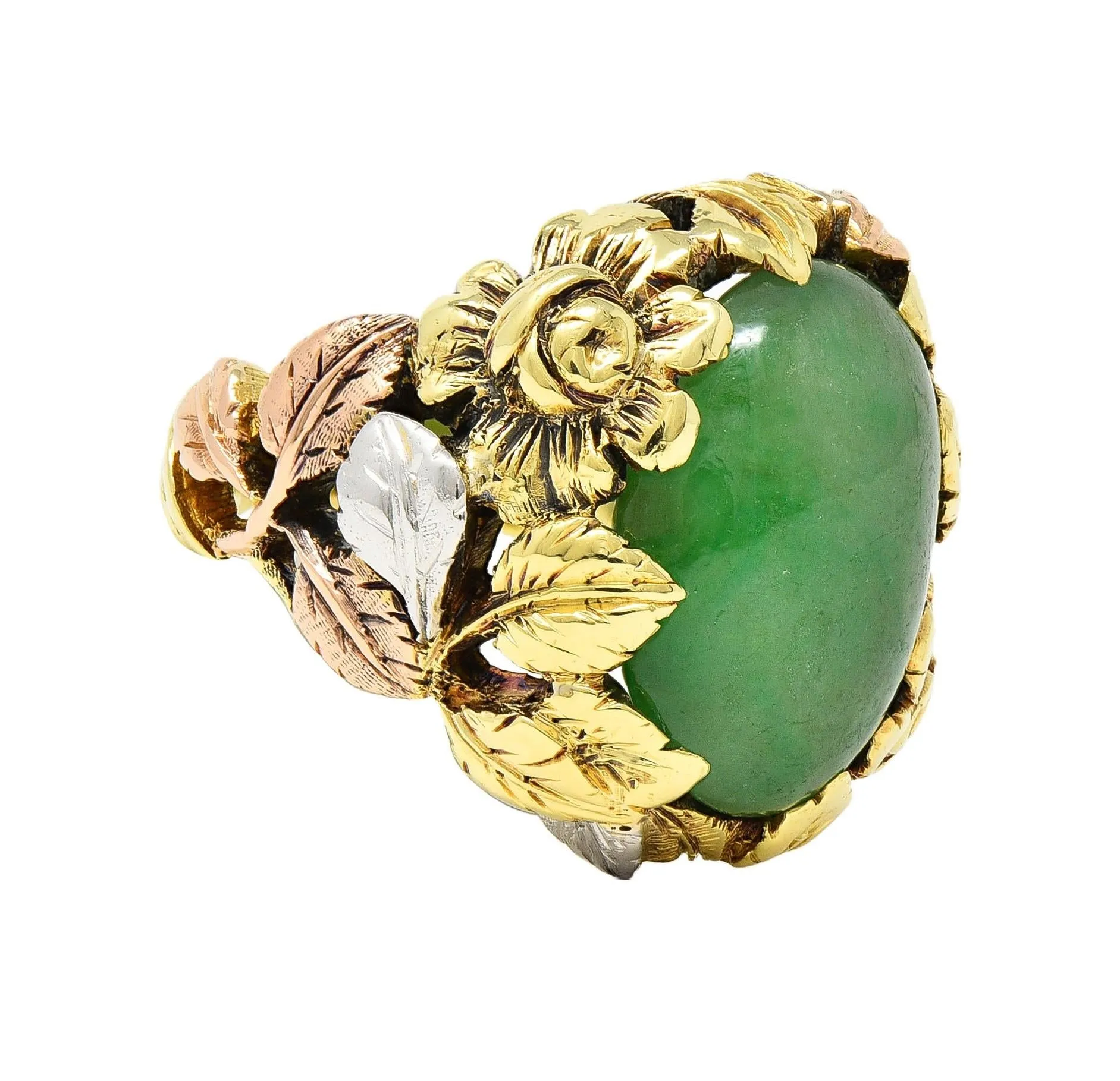 Arts & Crafts Jade Platinum 18 Karat Two-Tone Gold Antique Rose Floral Flower Signet Ring GIA